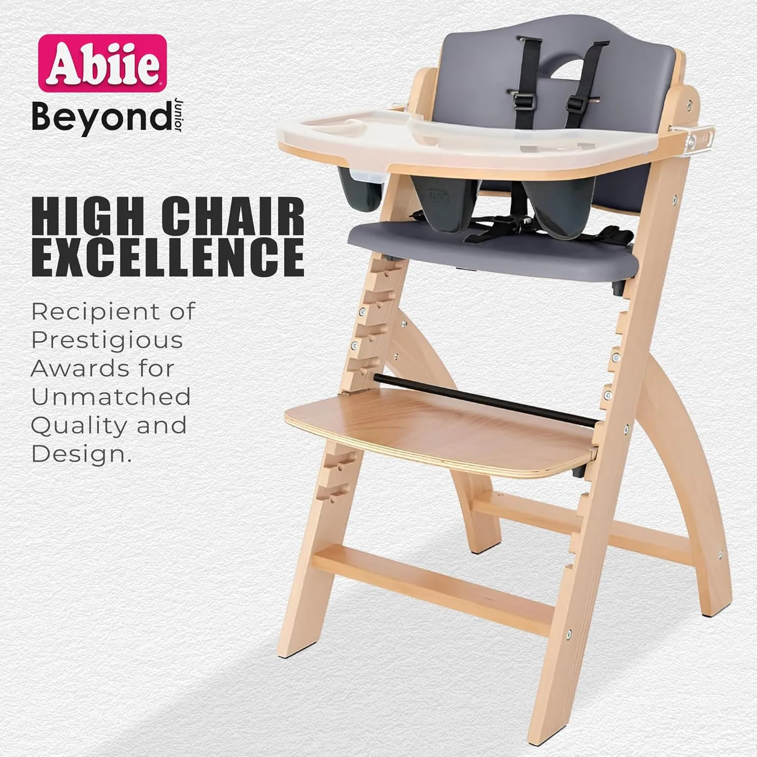 Abiie Beyond Junior Wooden High Chair with Tray - Adjustable and Convertible High Chair for Babies and Toddlers - 6 Months to 250 Lb - Water Resistant - Natural Wood with Dark Grey Cushion