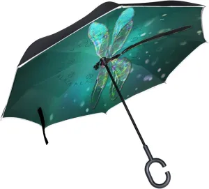 ABLINK ALAZA Fantasy Spring Dragonfly Windproof UV Proof Reverse Folding Umbrella, Double Layer Travel Inverted Umbrella with C Shape Handle for Car Use