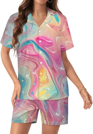 Abstract Art Rainbow Women's Satin Pajama Set Short Sleeve Button Down Sleepwear Loungewear Pj Set