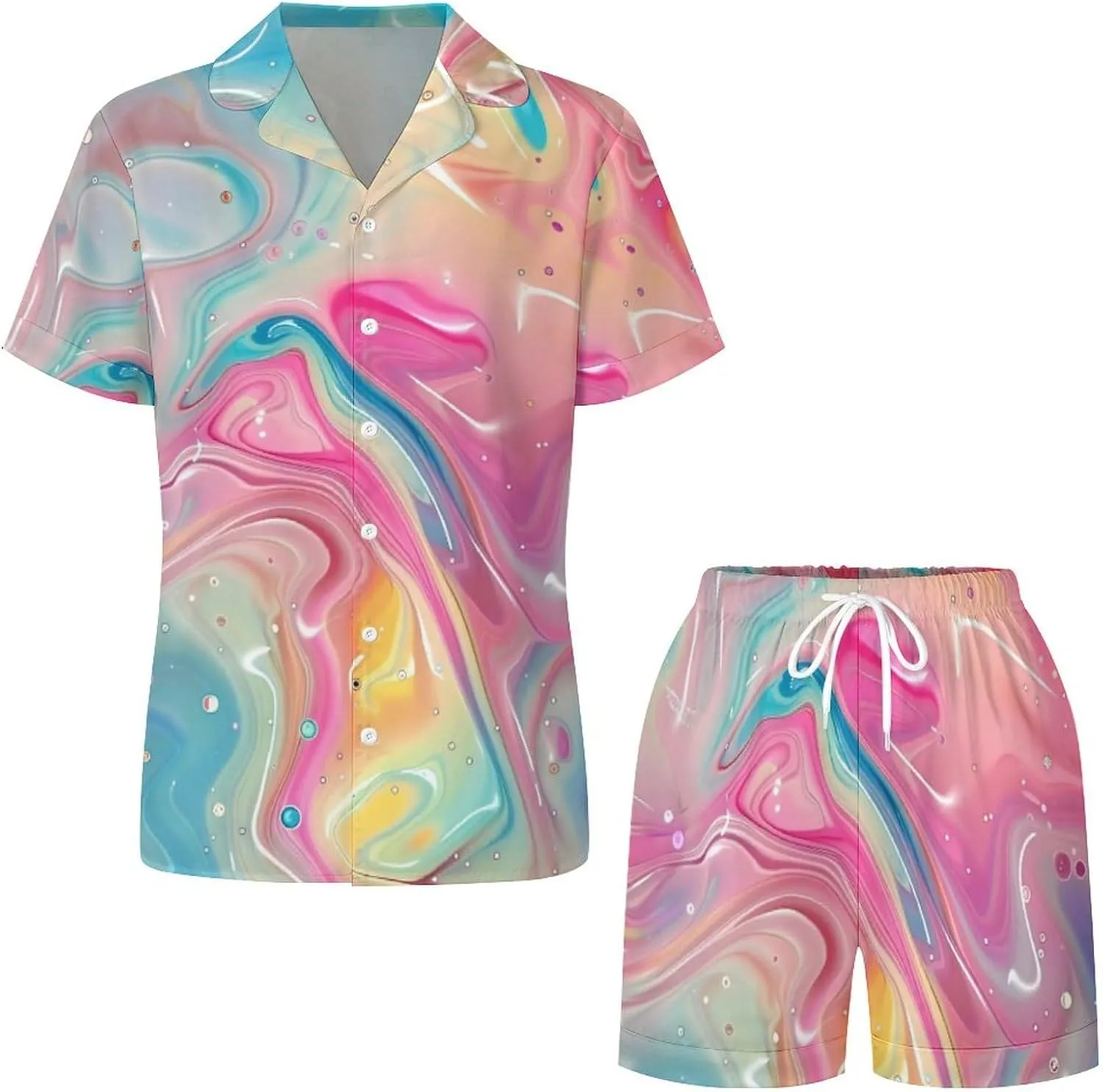 Abstract Art Rainbow Women's Satin Pajama Set Short Sleeve Button Down Sleepwear Loungewear Pj Set