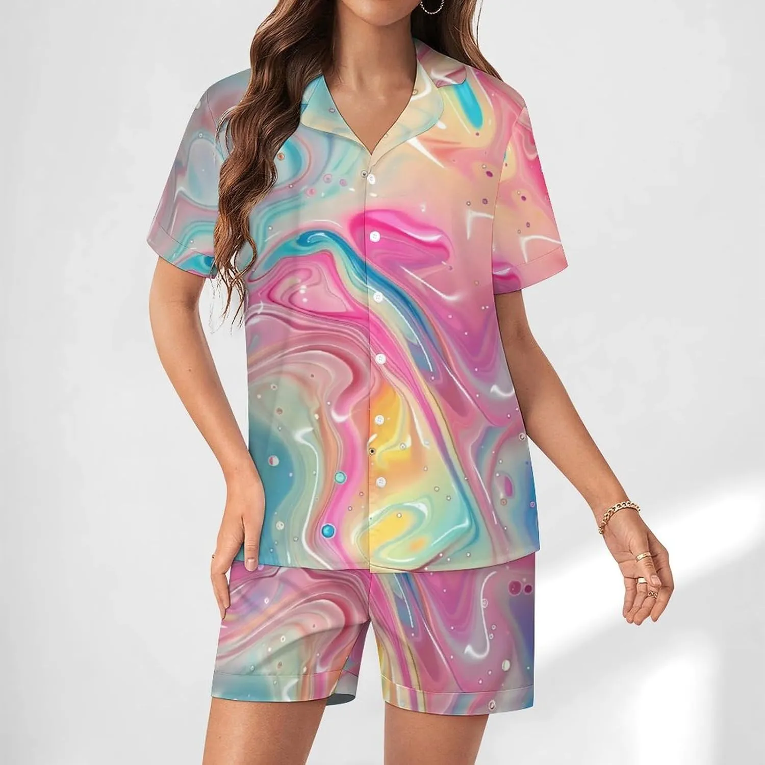 Abstract Art Rainbow Women's Satin Pajama Set Short Sleeve Button Down Sleepwear Loungewear Pj Set