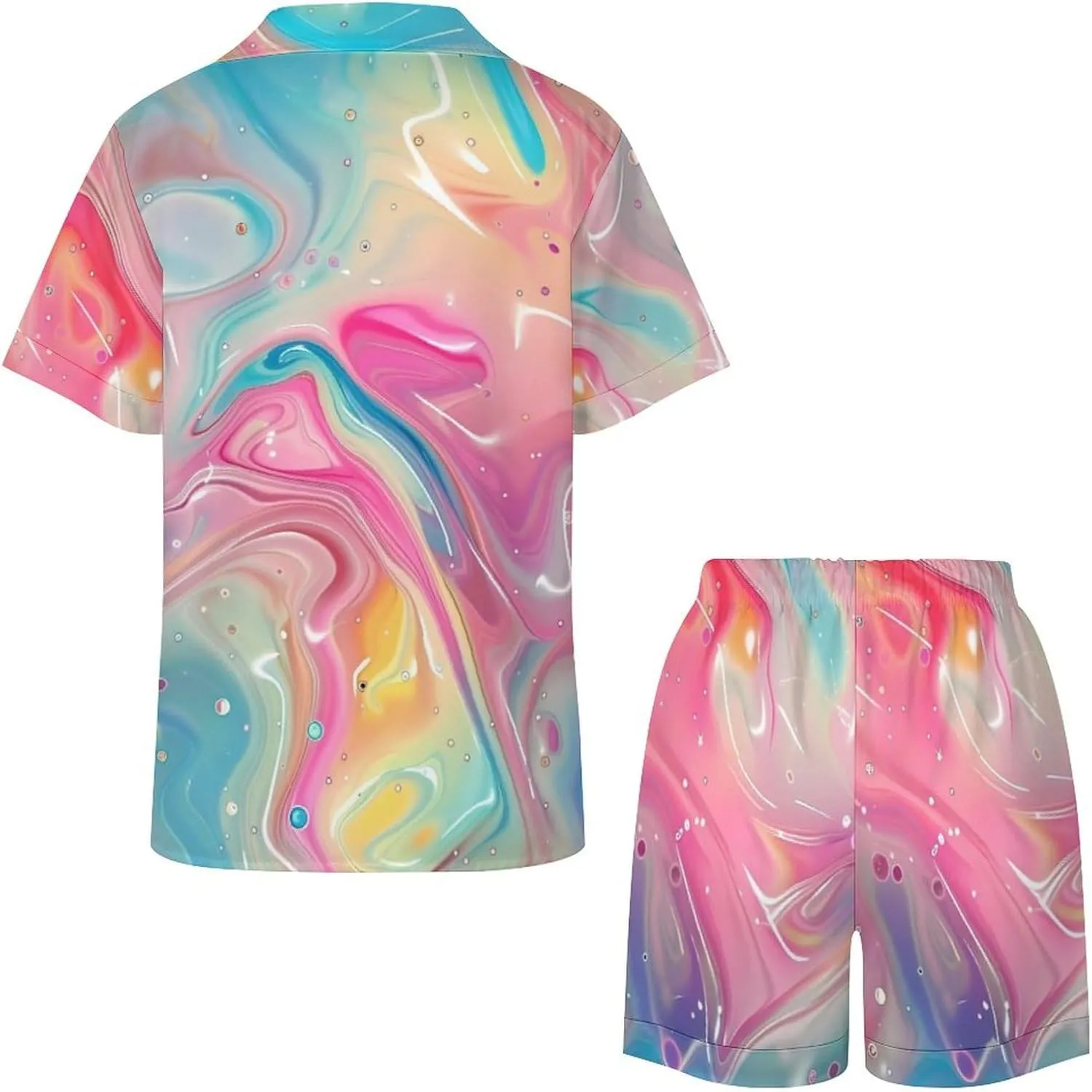 Abstract Art Rainbow Women's Satin Pajama Set Short Sleeve Button Down Sleepwear Loungewear Pj Set