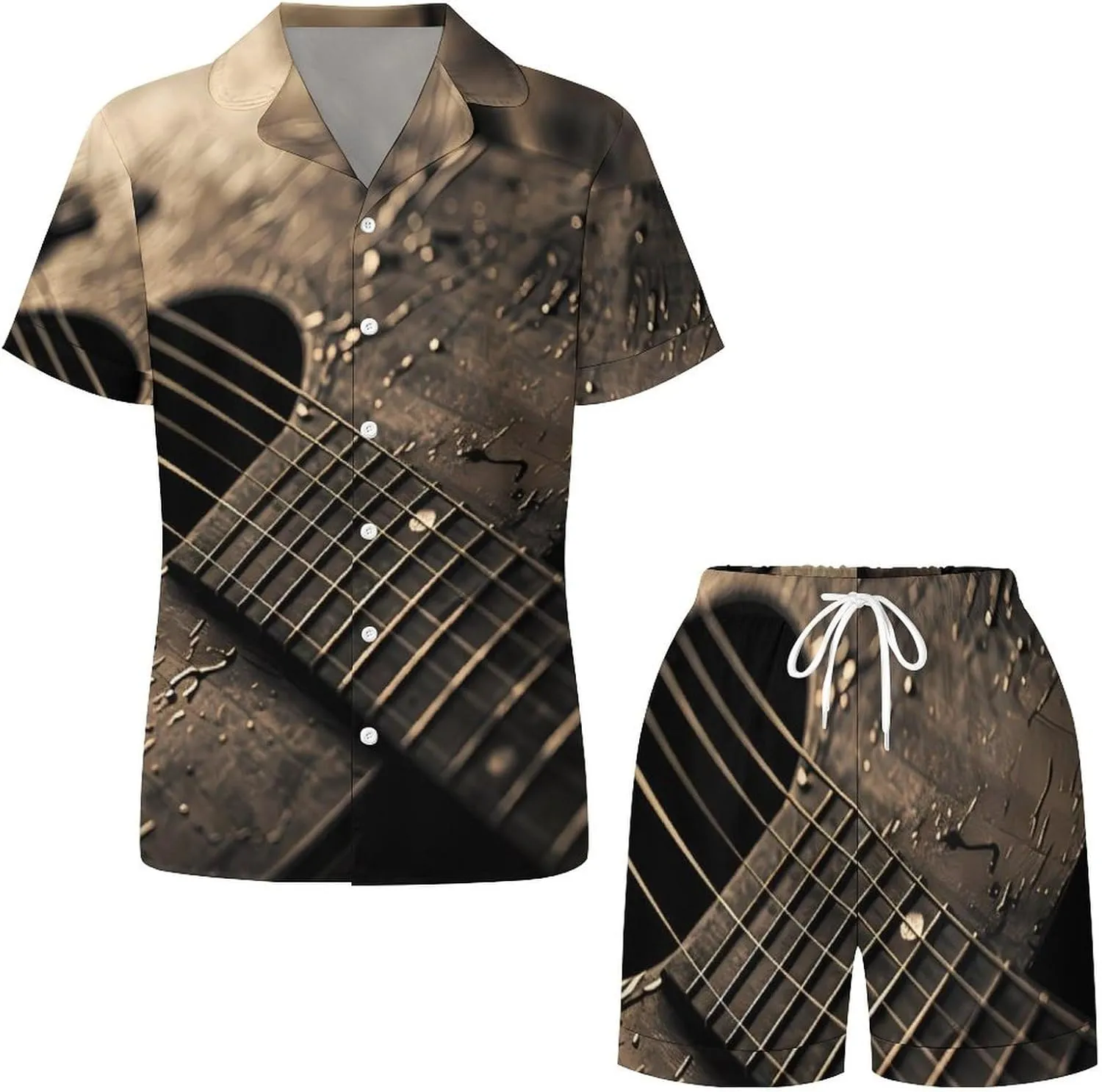 Acoustic Guitar Women's Satin Pajama Set Short Sleeve Button Down Sleepwear Loungewear Pj Set