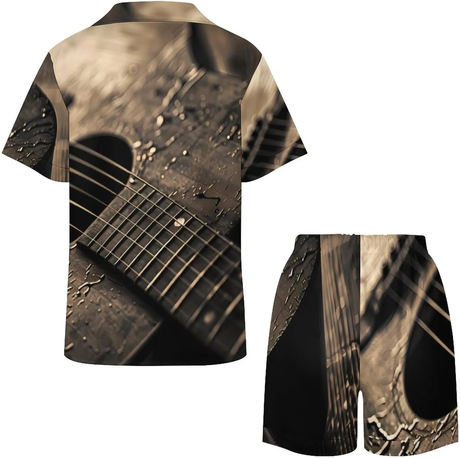 Acoustic Guitar Women's Satin Pajama Set Short Sleeve Button Down Sleepwear Loungewear Pj Set