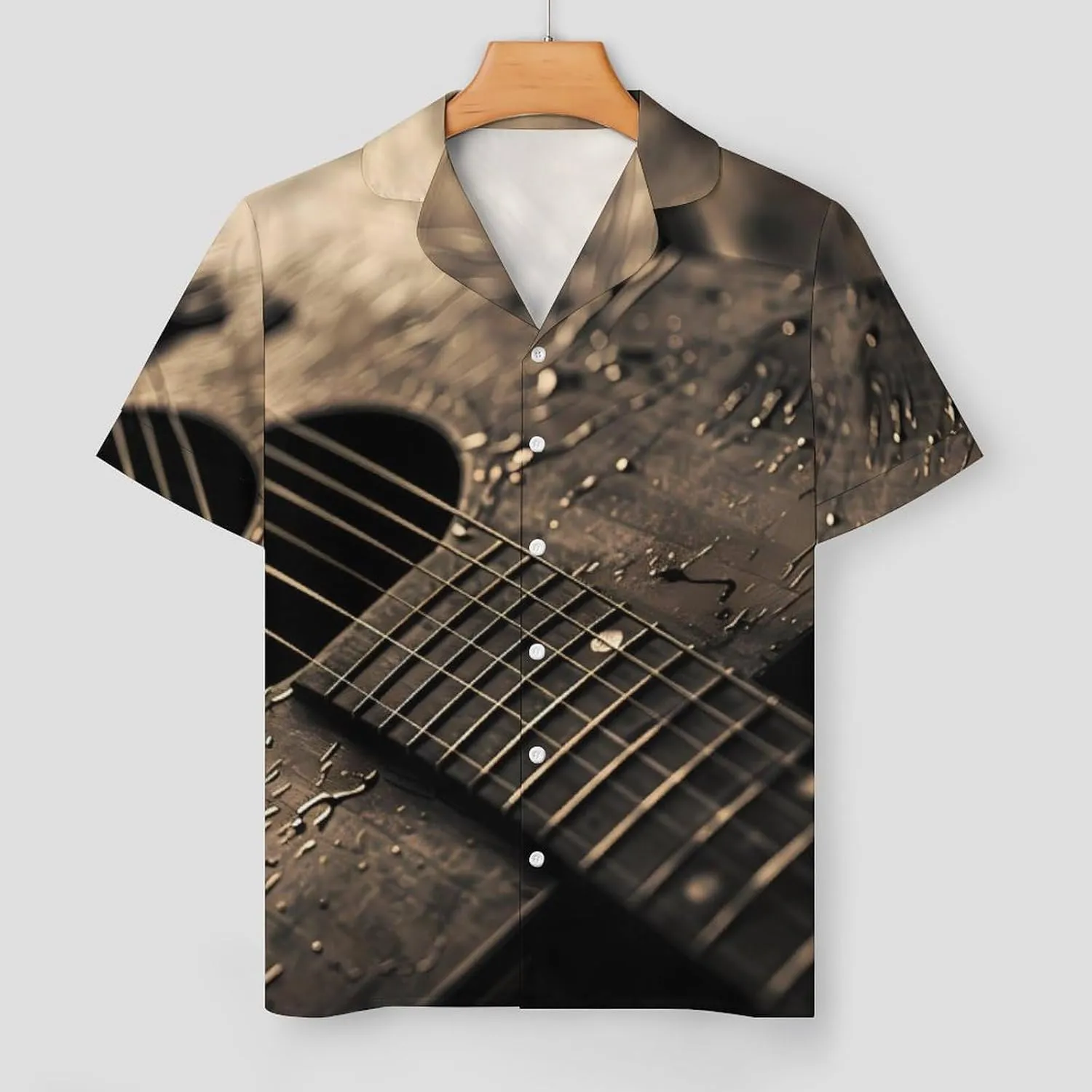Acoustic Guitar Women's Satin Pajama Set Short Sleeve Button Down Sleepwear Loungewear Pj Set
