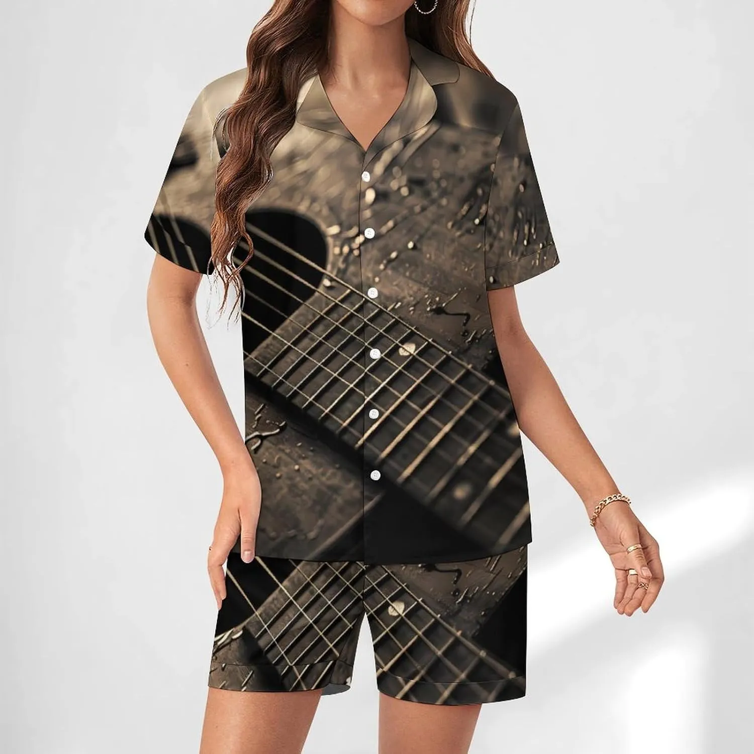Acoustic Guitar Women's Satin Pajama Set Short Sleeve Button Down Sleepwear Loungewear Pj Set