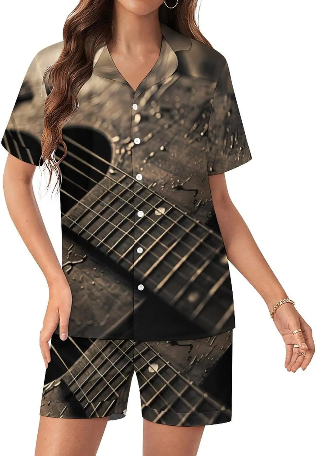 Acoustic Guitar Women's Satin Pajama Set Short Sleeve Button Down Sleepwear Loungewear Pj Set