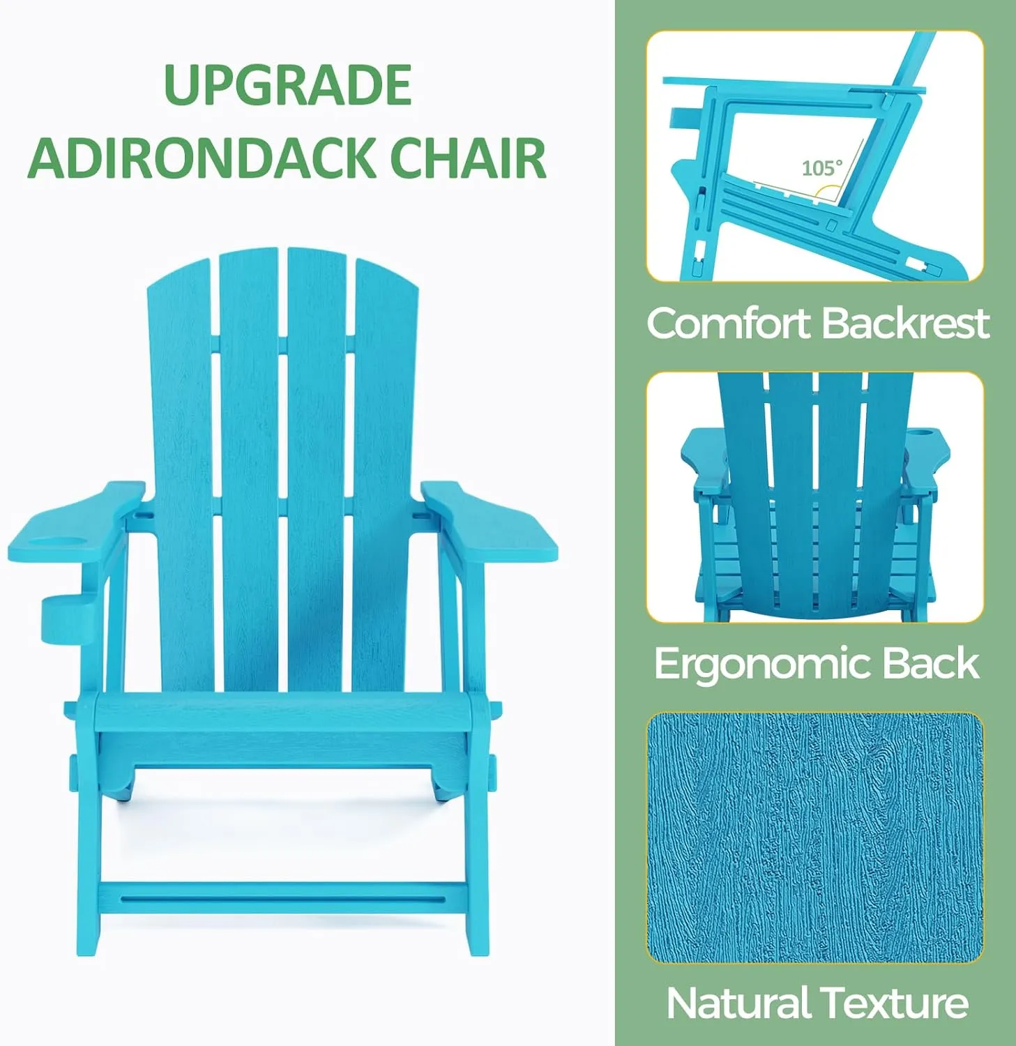 Adirondack Chair, All-Weather Adirondack Chairs with 2 Cup Holder, Wooden Textured Plastic Fire Pit Chair, Outdoor Adirondack Chair for Patio,Lawn,Backyard Deck, Porch, 400 LBS, Sky Blue