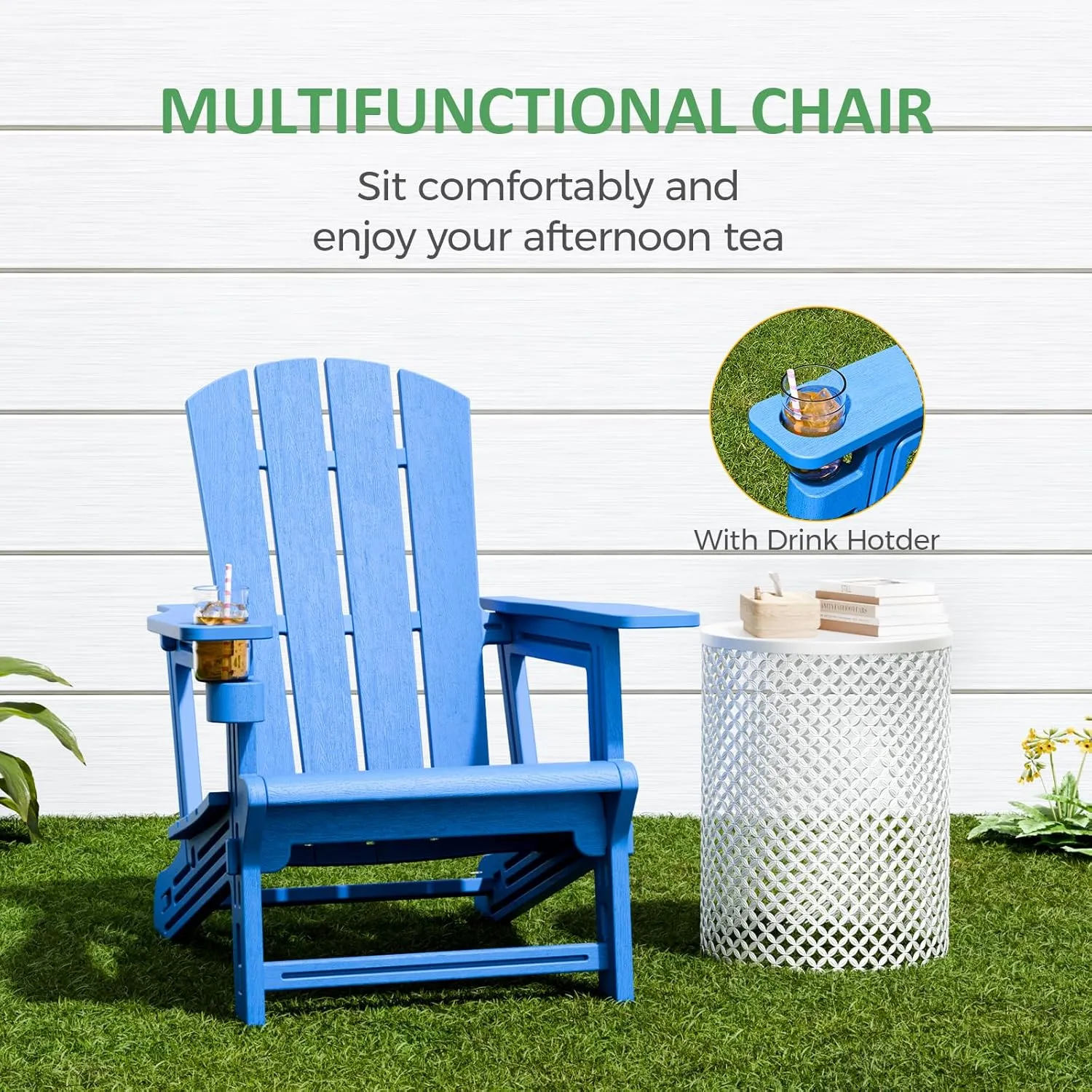 Adirondack Chair, All-Weather Adirondack Chairs with 2 Cup Holder, Wooden Textured Plastic Fire Pit Chair, Outdoor Adirondack Chair for Patio,Lawn,Backyard Deck, Porch, 400 LBS, Sky Blue