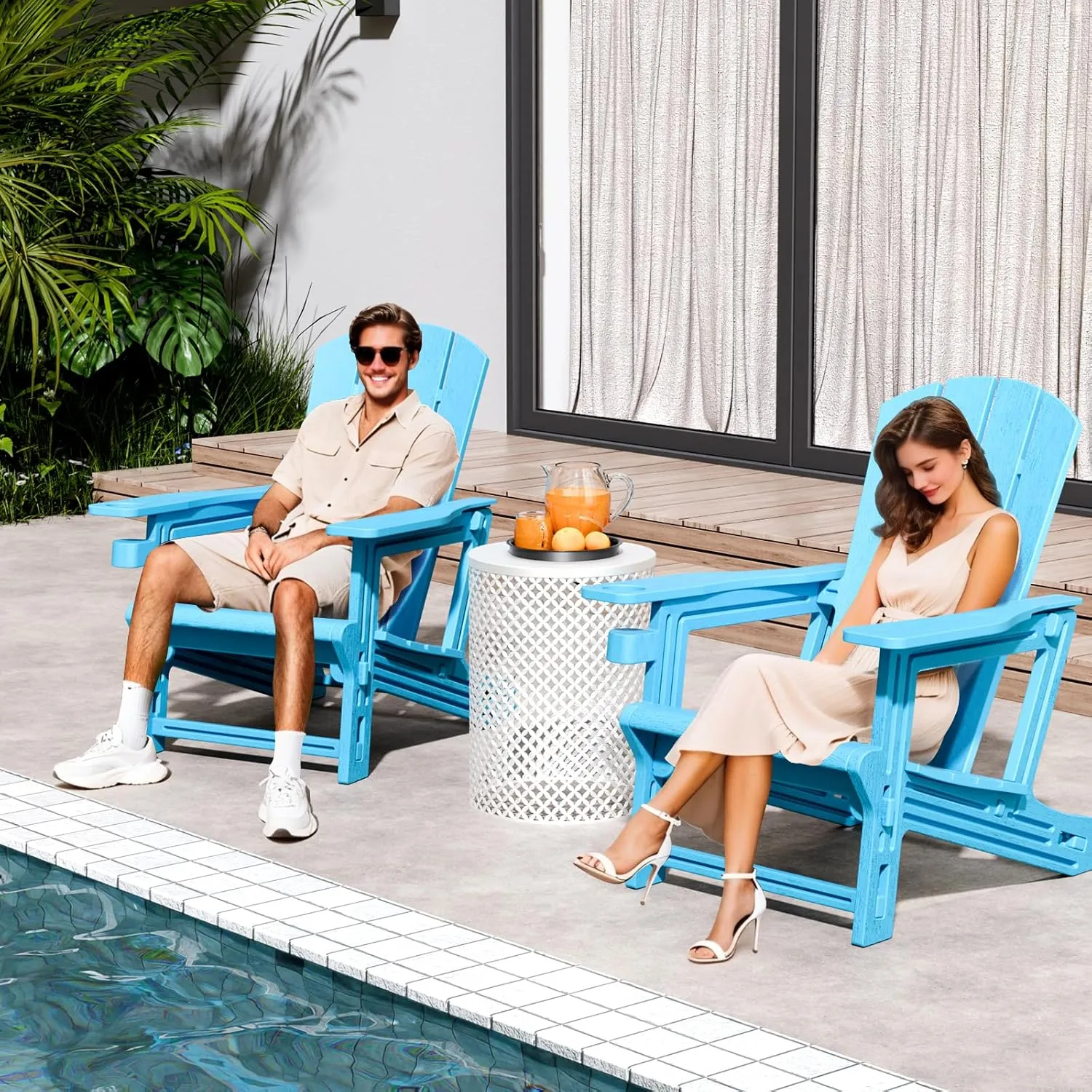 Adirondack Chair, All-Weather Adirondack Chairs with 2 Cup Holder, Wooden Textured Plastic Fire Pit Chair, Outdoor Adirondack Chair for Patio,Lawn,Backyard Deck, Porch, 400 LBS, Sky Blue