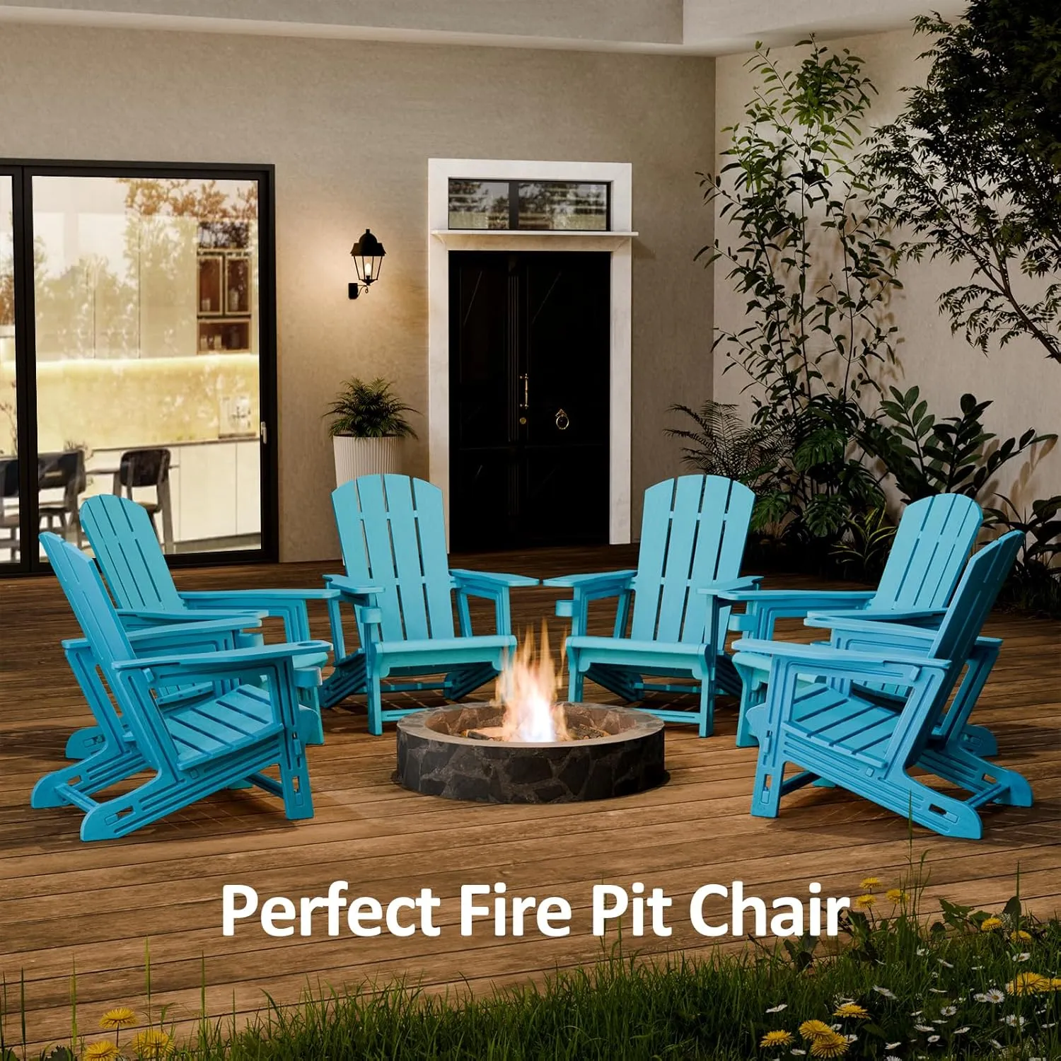 Adirondack Chair, All-Weather Adirondack Chairs with 2 Cup Holder, Wooden Textured Plastic Fire Pit Chair, Outdoor Adirondack Chair for Patio,Lawn,Backyard Deck, Porch, 400 LBS, Sky Blue
