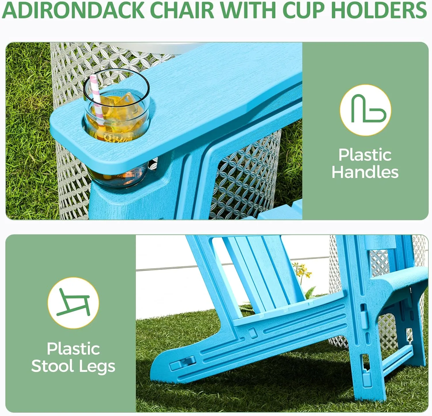 Adirondack Chair, All-Weather Adirondack Chairs with 2 Cup Holder, Wooden Textured Plastic Fire Pit Chair, Outdoor Adirondack Chair for Patio,Lawn,Backyard Deck, Porch, 400 LBS, Sky Blue