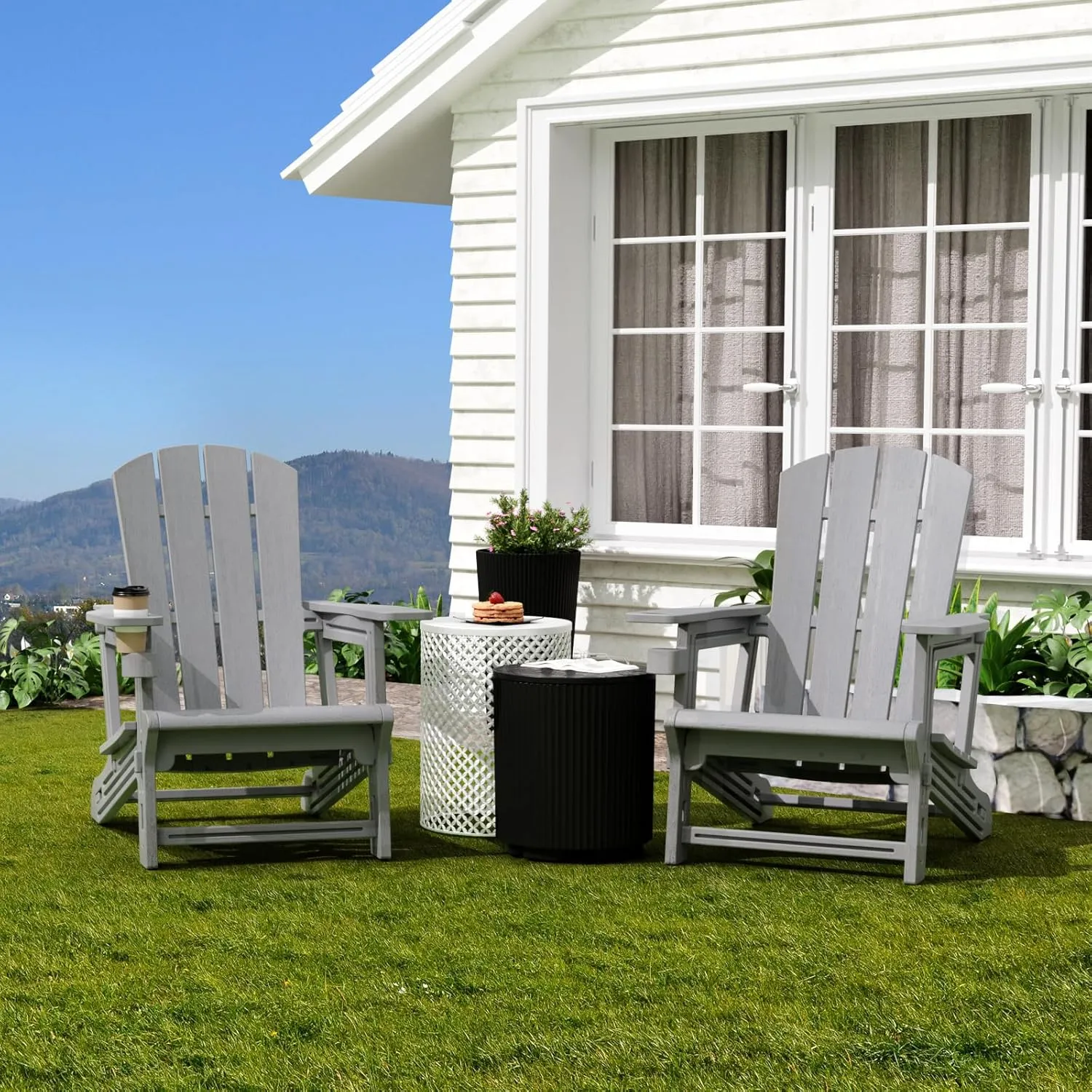 Adirondack Chair, All-Weather Adirondack Chairs with 2 Cup Holders, Wooden Textured Plastic Fire Pit Chair, Outdoor Adirondack Chair for Patio,Lawn,Backyard Deck, Porch, 400 LBS, Grey ﻿