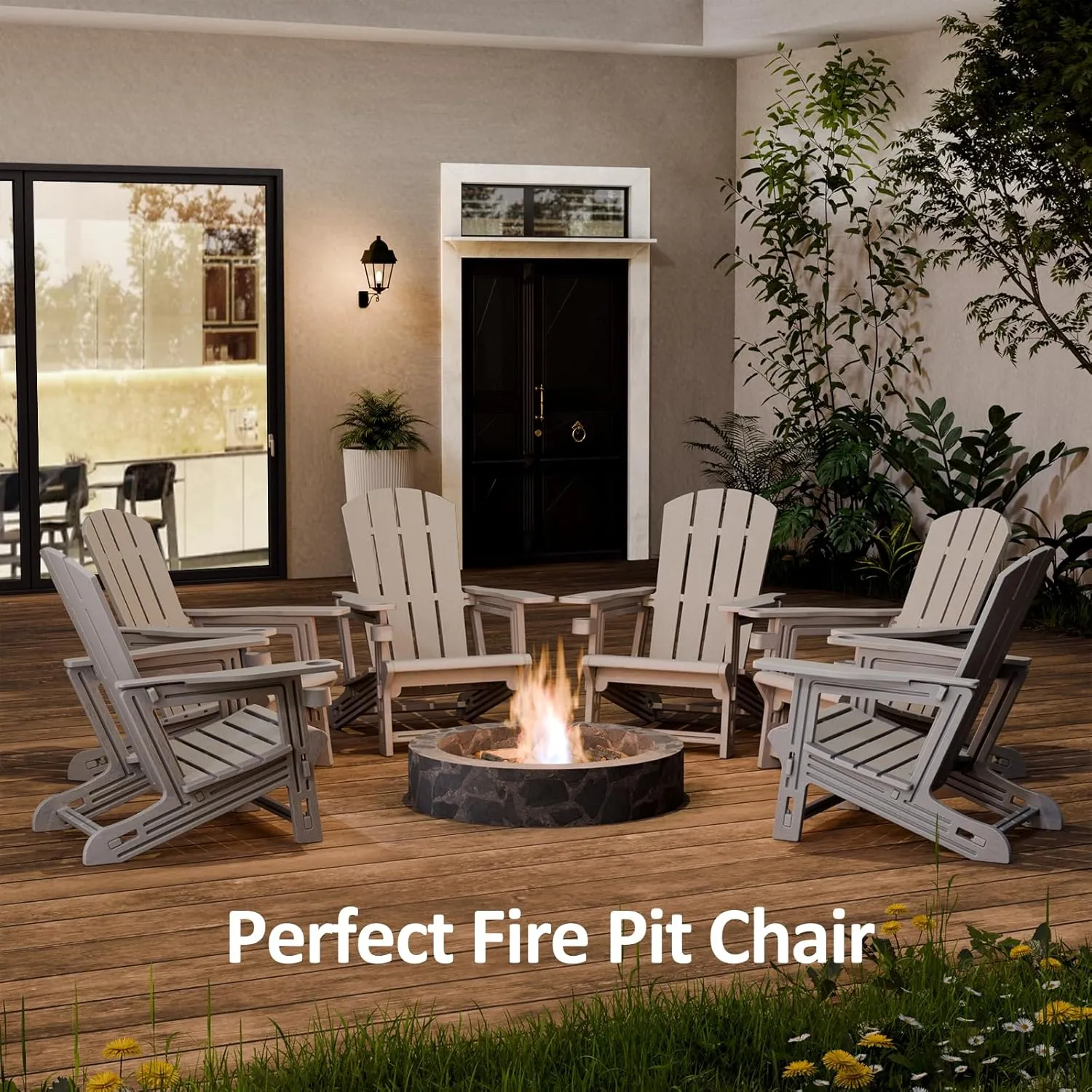 Adirondack Chair, All-Weather Adirondack Chairs with 2 Cup Holders, Wooden Textured Plastic Fire Pit Chair, Outdoor Adirondack Chair for Patio,Lawn,Backyard Deck, Porch, 400 LBS, Grey ﻿