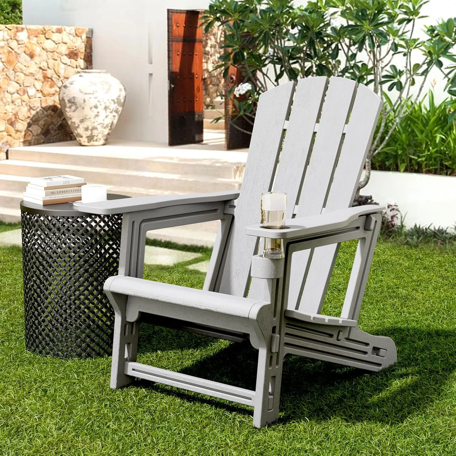 Adirondack Chair, All-Weather Adirondack Chairs with 2 Cup Holders, Wooden Textured Plastic Fire Pit Chair, Outdoor Adirondack Chair for Patio,Lawn,Backyard Deck, Porch, 400 LBS, Grey ﻿