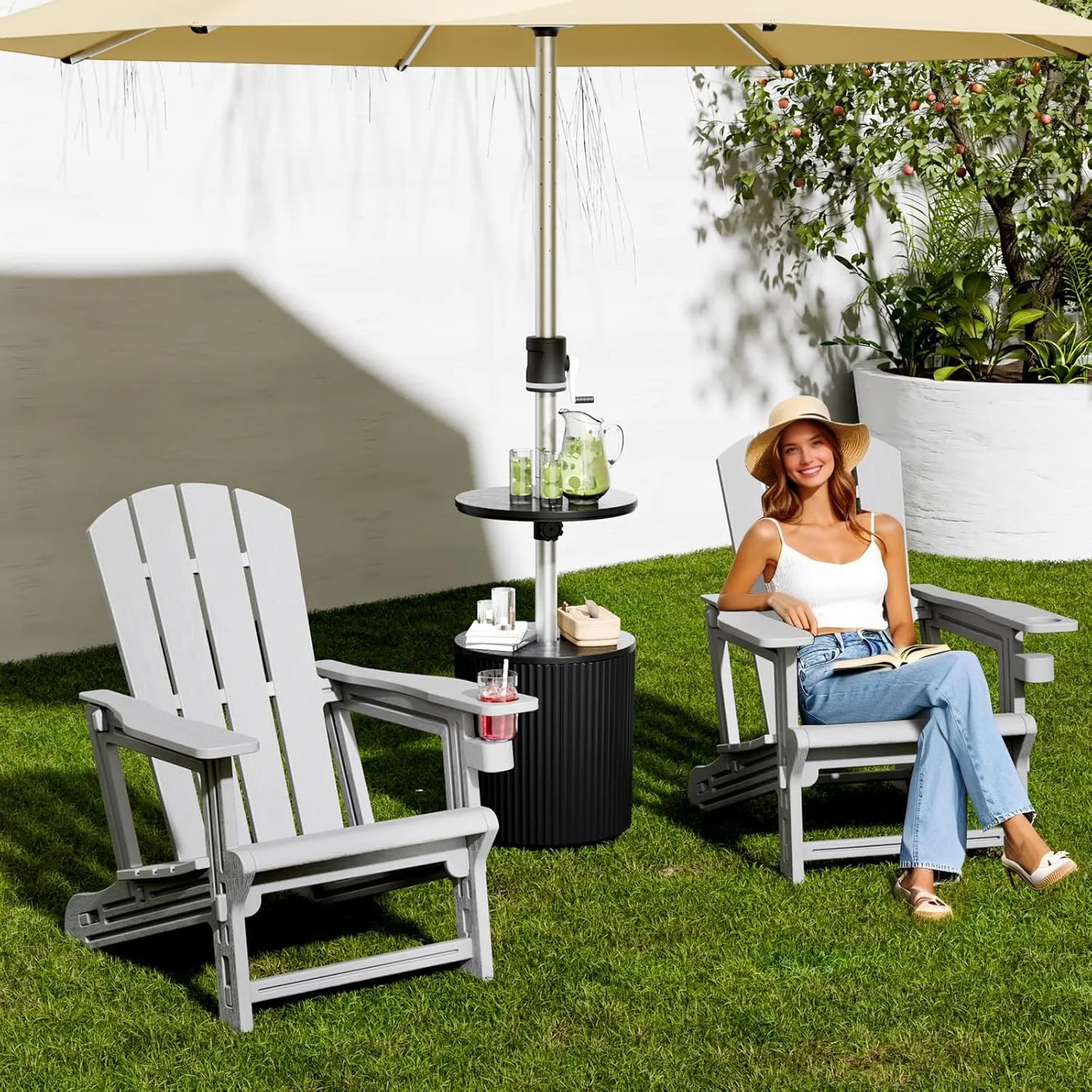 Adirondack Chair, All-Weather Adirondack Chairs with 2 Cup Holders, Wooden Textured Plastic Fire Pit Chair, Outdoor Adirondack Chair for Patio,Lawn,Backyard Deck, Porch, 400 LBS, Grey ﻿