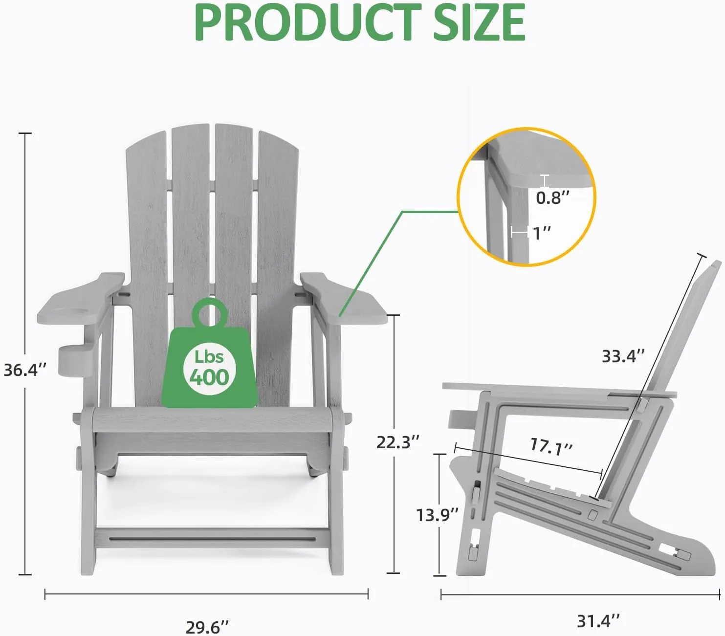 Adirondack Chair, All-Weather Adirondack Chairs with 2 Cup Holders, Wooden Textured Plastic Fire Pit Chair, Outdoor Adirondack Chair for Patio,Lawn,Backyard Deck, Porch, 400 LBS, Grey ﻿