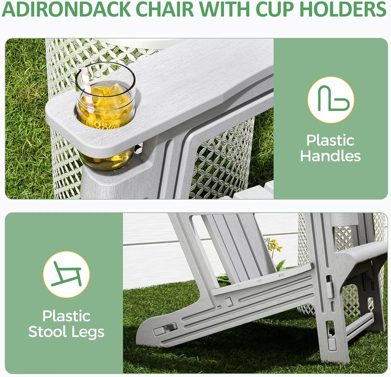 Adirondack Chair, All-Weather Adirondack Chairs with 2 Cup Holders, Wooden Textured Plastic Fire Pit Chair, Outdoor Adirondack Chair for Patio,Lawn,Backyard Deck, Porch, 400 LBS, Grey ﻿