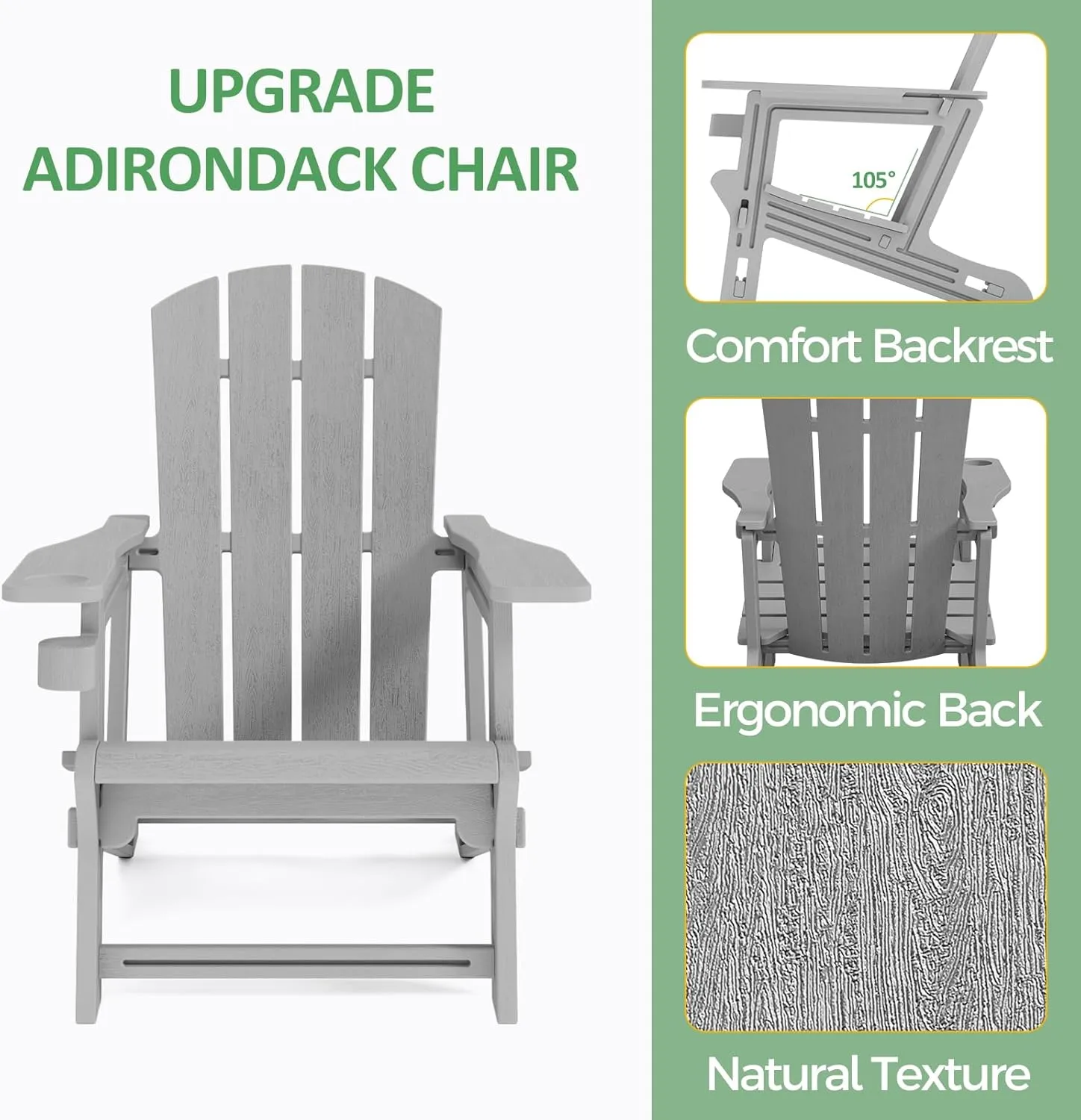 Adirondack Chair, All-Weather Adirondack Chairs with 2 Cup Holders, Wooden Textured Plastic Fire Pit Chair, Outdoor Adirondack Chair for Patio,Lawn,Backyard Deck, Porch, 400 LBS, Grey ﻿