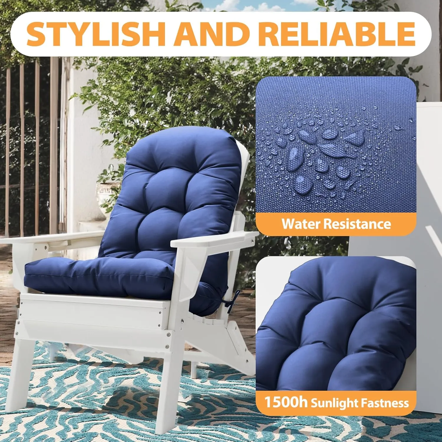 Adirondack Chair Cushion, High Back Patio Cushions with Adjustable Ties, 48.8x20.4x4.3, Waterproof Tufted Pillow, Fade Resistant Seat Rocking Chair Cushion for Indoor/Outdoor, Royal Blue, 2