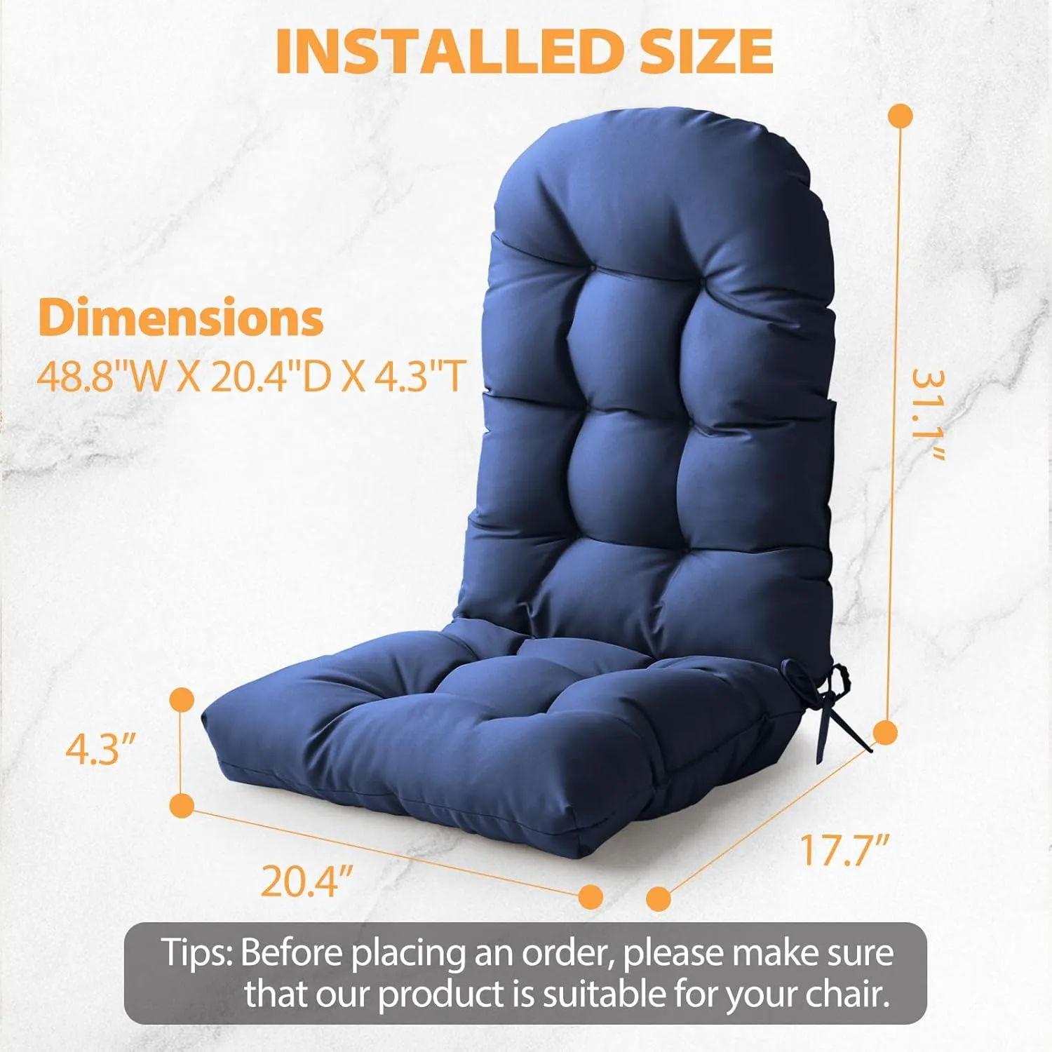 Adirondack Chair Cushion, High Back Patio Cushions with Adjustable Ties, 48.8x20.4x4.3, Waterproof Tufted Pillow, Fade Resistant Seat Rocking Chair Cushion for Indoor/Outdoor, Royal Blue, 2