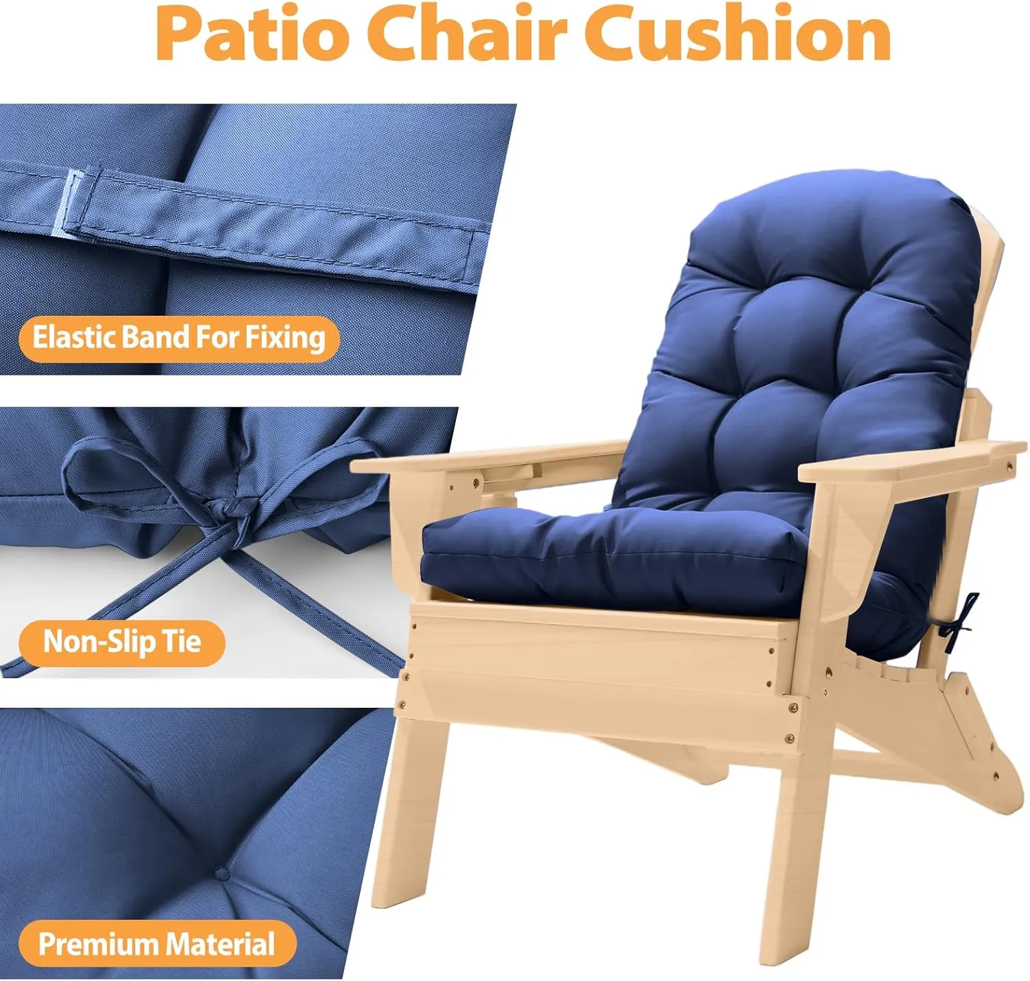 Adirondack Chair Cushion, High Back Patio Cushions with Adjustable Ties, 48.8x20.4x4.3, Waterproof Tufted Pillow, Fade Resistant Seat Rocking Chair Cushion for Indoor/Outdoor, Royal Blue, 2