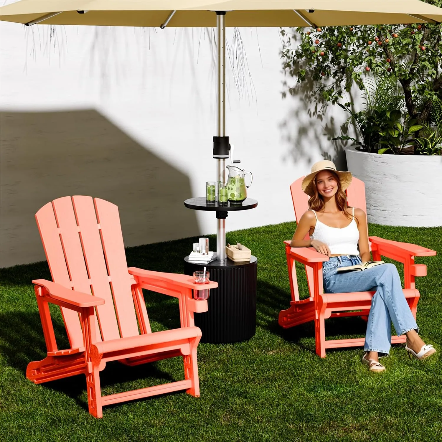 Adirondack Chair, Patio Chair with Cup Holder, Plastic Recliner Chair Without Screws Install, Outdoor Funiture for Backyard Garden Lawn Beach, 400 LBS Capacity, Orange