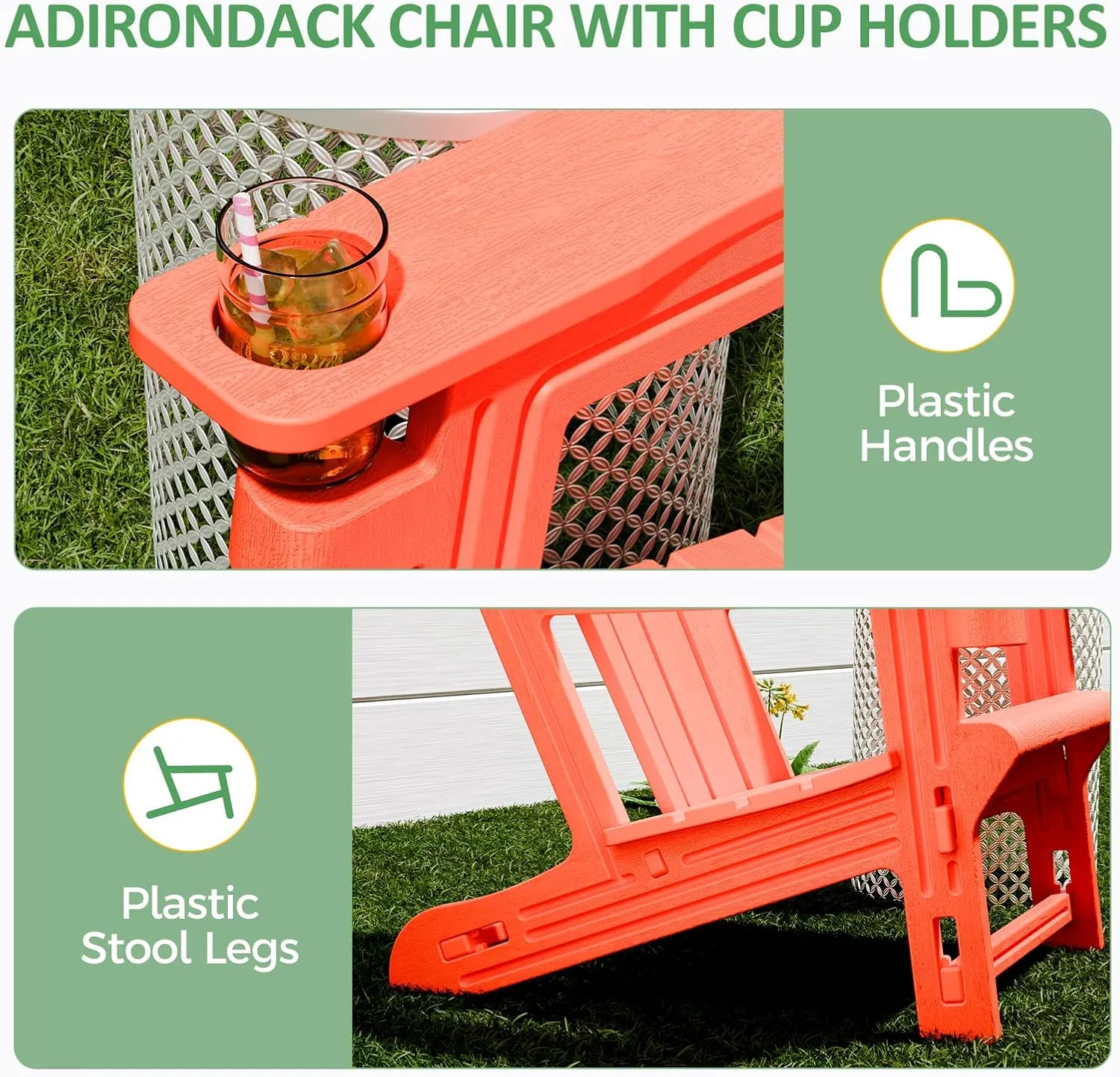 Adirondack Chair, Patio Chair with Cup Holder, Plastic Recliner Chair Without Screws Install, Outdoor Funiture for Backyard Garden Lawn Beach, 400 LBS Capacity, Orange