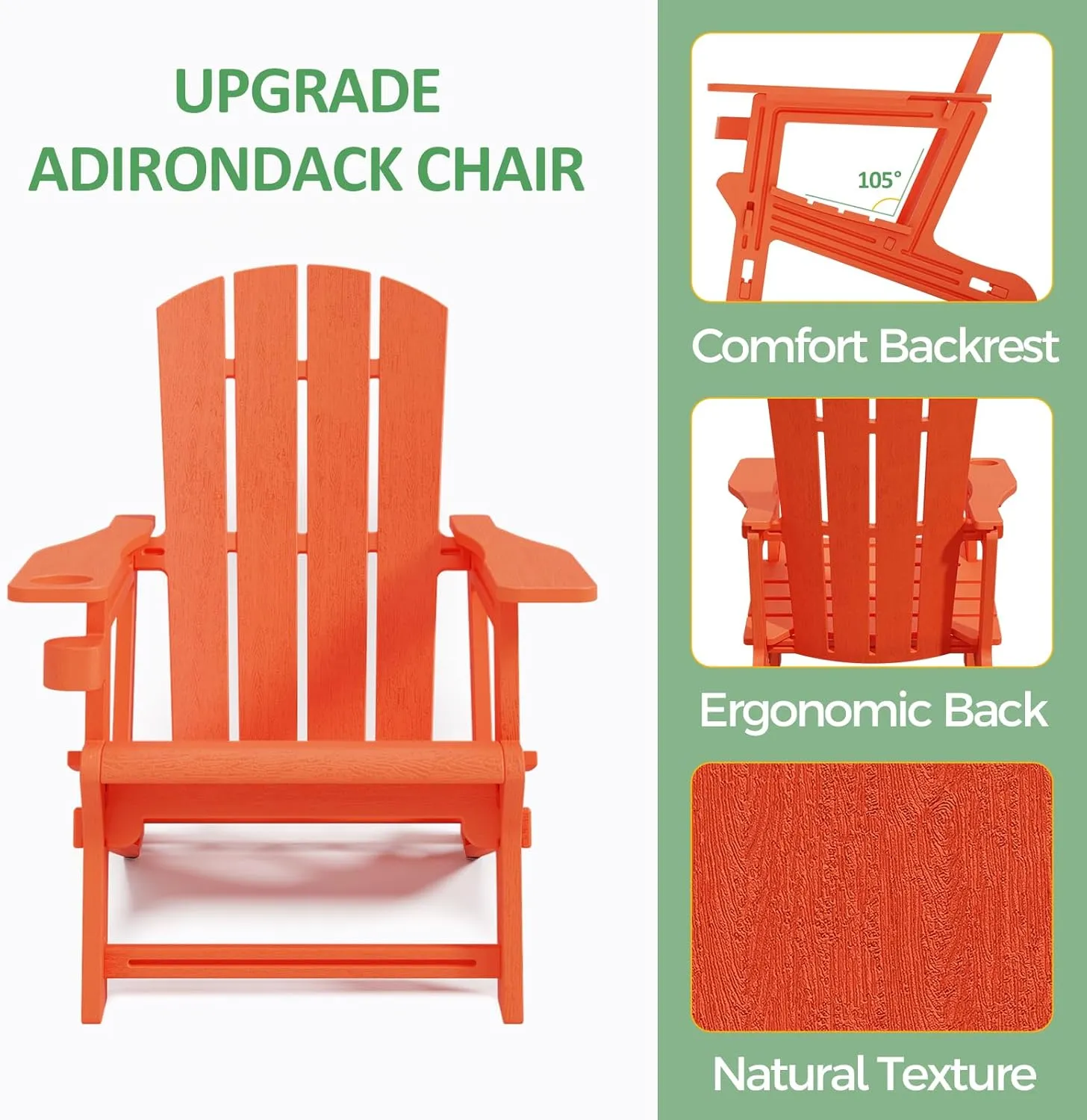 Adirondack Chair, Patio Chair with Cup Holder, Plastic Recliner Chair Without Screws Install, Outdoor Funiture for Backyard Garden Lawn Beach, 400 LBS Capacity, Orange