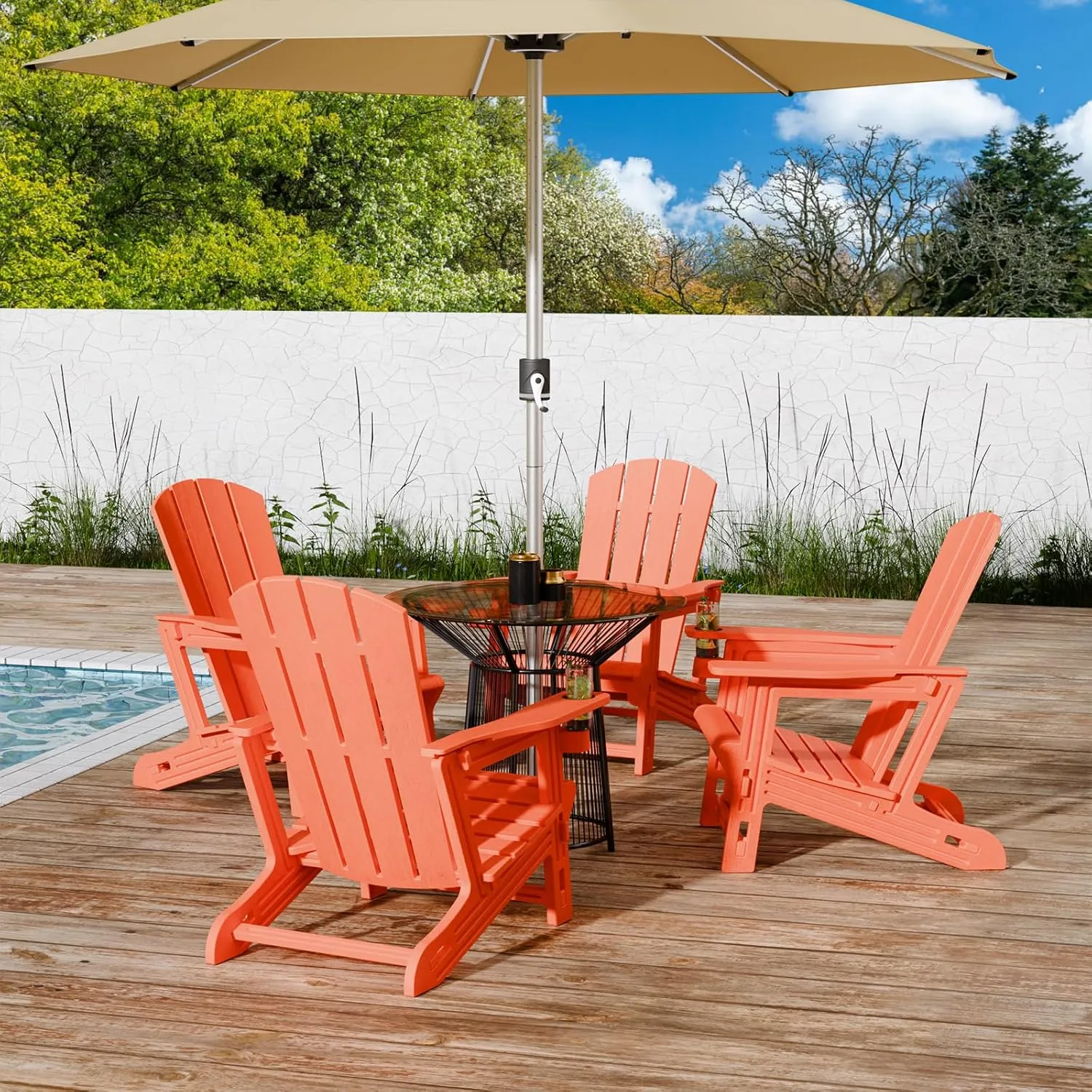 Adirondack Chair, Patio Chair with Cup Holder, Plastic Recliner Chair Without Screws Install, Outdoor Funiture for Backyard Garden Lawn Beach, 400 LBS Capacity, Orange