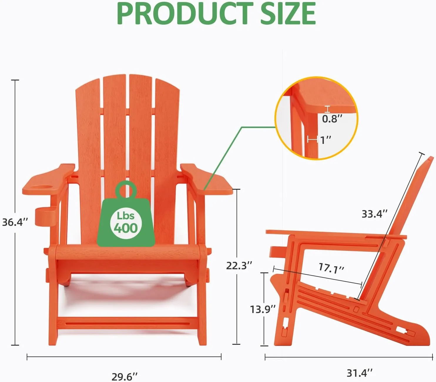 Adirondack Chair, Patio Chair with Cup Holder, Plastic Recliner Chair Without Screws Install, Outdoor Funiture for Backyard Garden Lawn Beach, 400 LBS Capacity, Orange