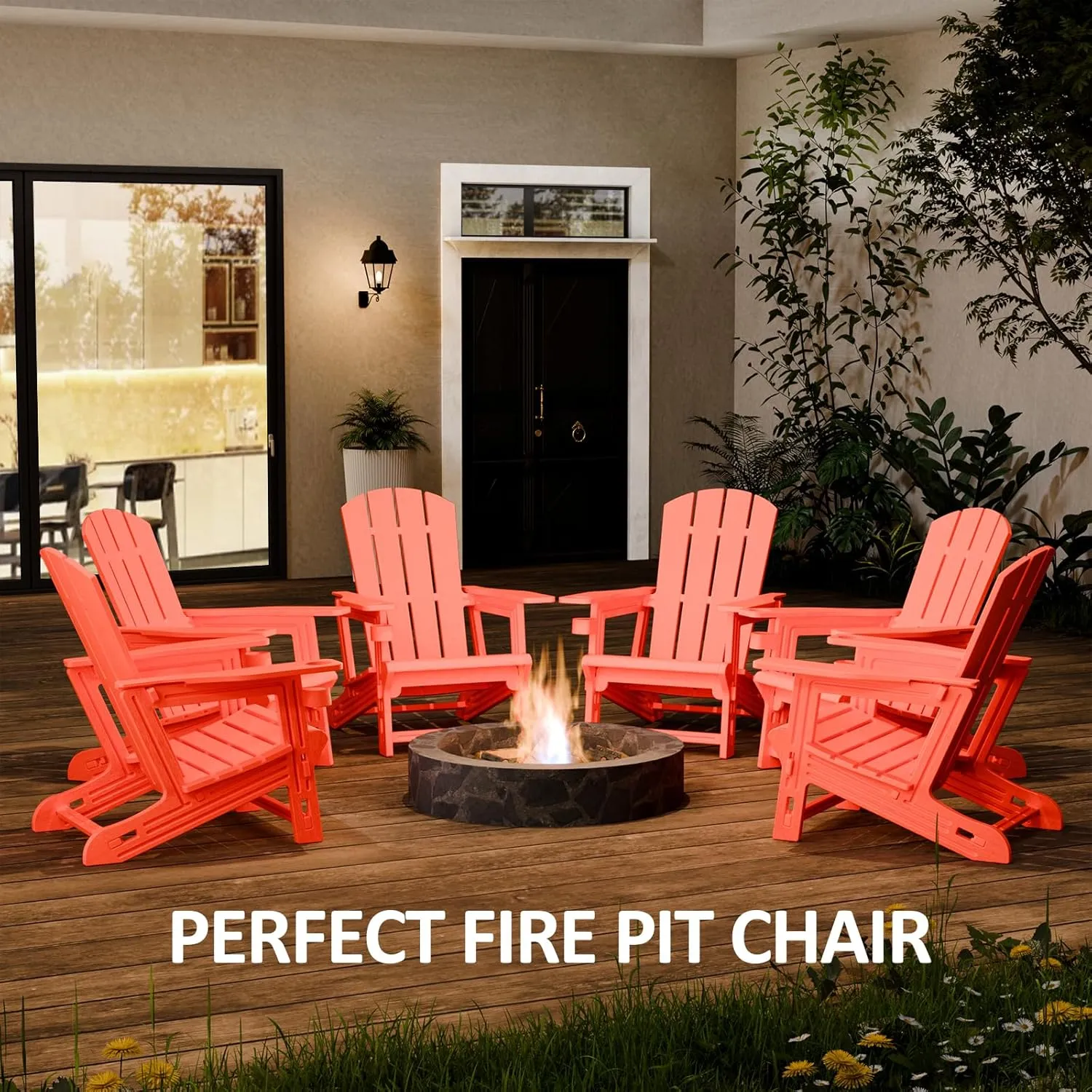 Adirondack Chair, Patio Chair with Cup Holder, Plastic Recliner Chair Without Screws Install, Outdoor Funiture for Backyard Garden Lawn Beach, 400 LBS Capacity, Orange