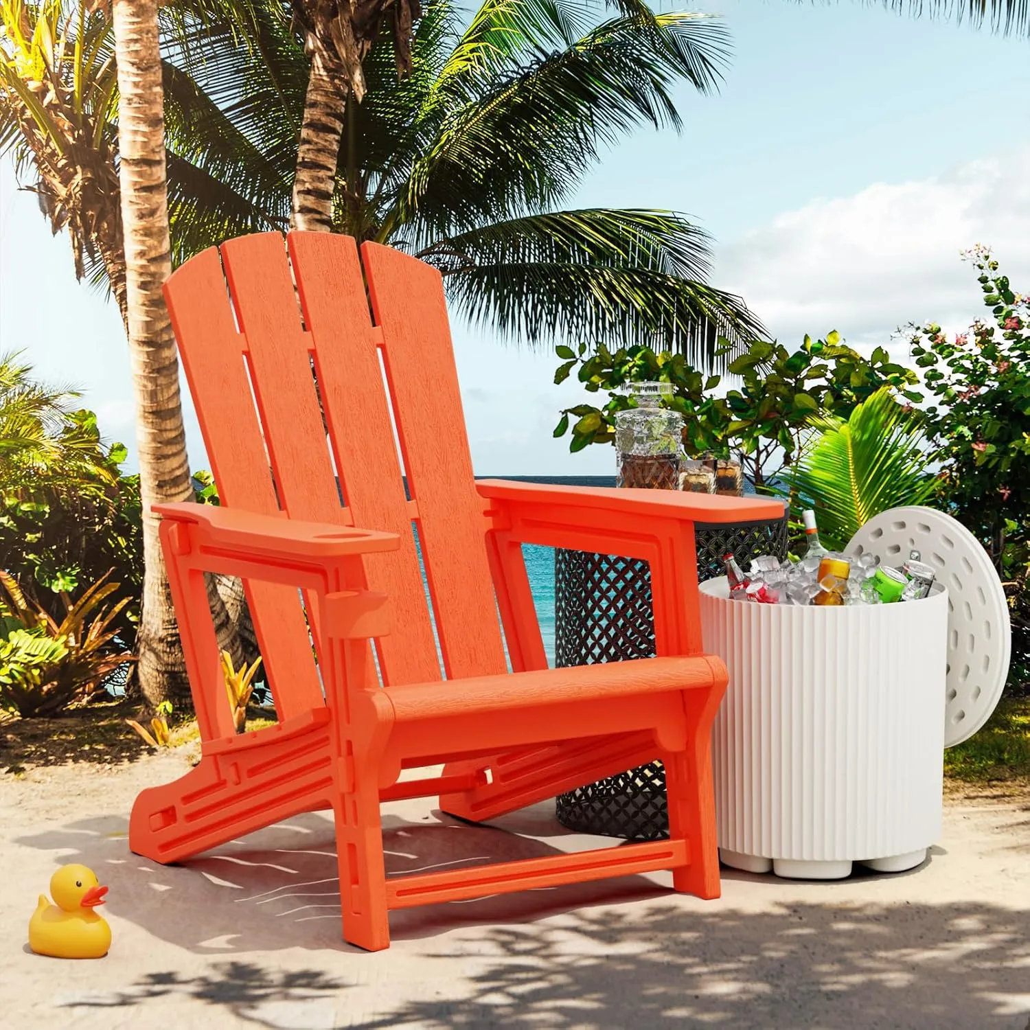 Adirondack Chair, Patio Chair with Cup Holder, Plastic Recliner Chair Without Screws Install, Outdoor Funiture for Backyard Garden Lawn Beach, 400 LBS Capacity, Orange