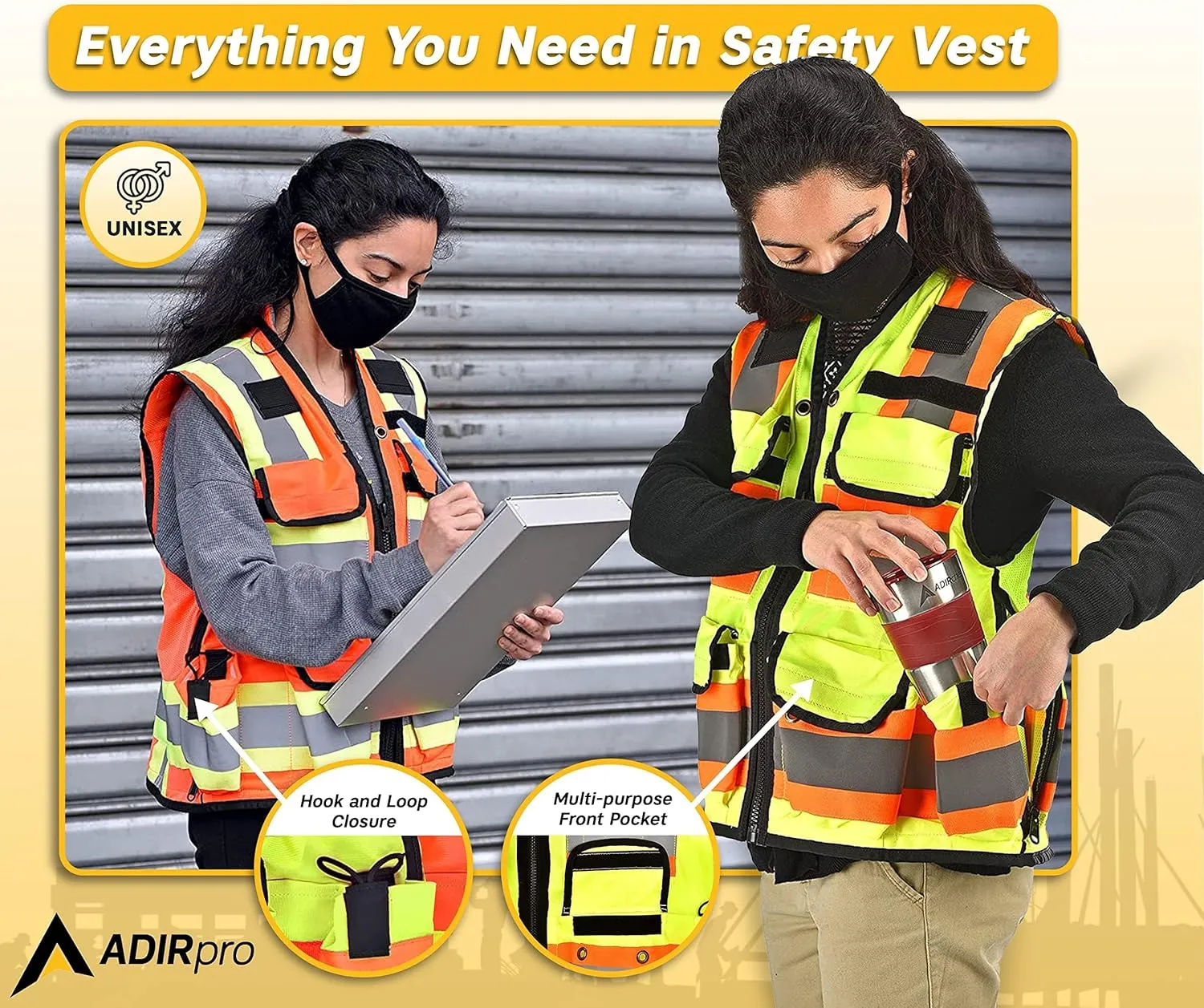 AdirPro Surveyor Safety Vest with Pockets - High visibility Reflective Construction Vest