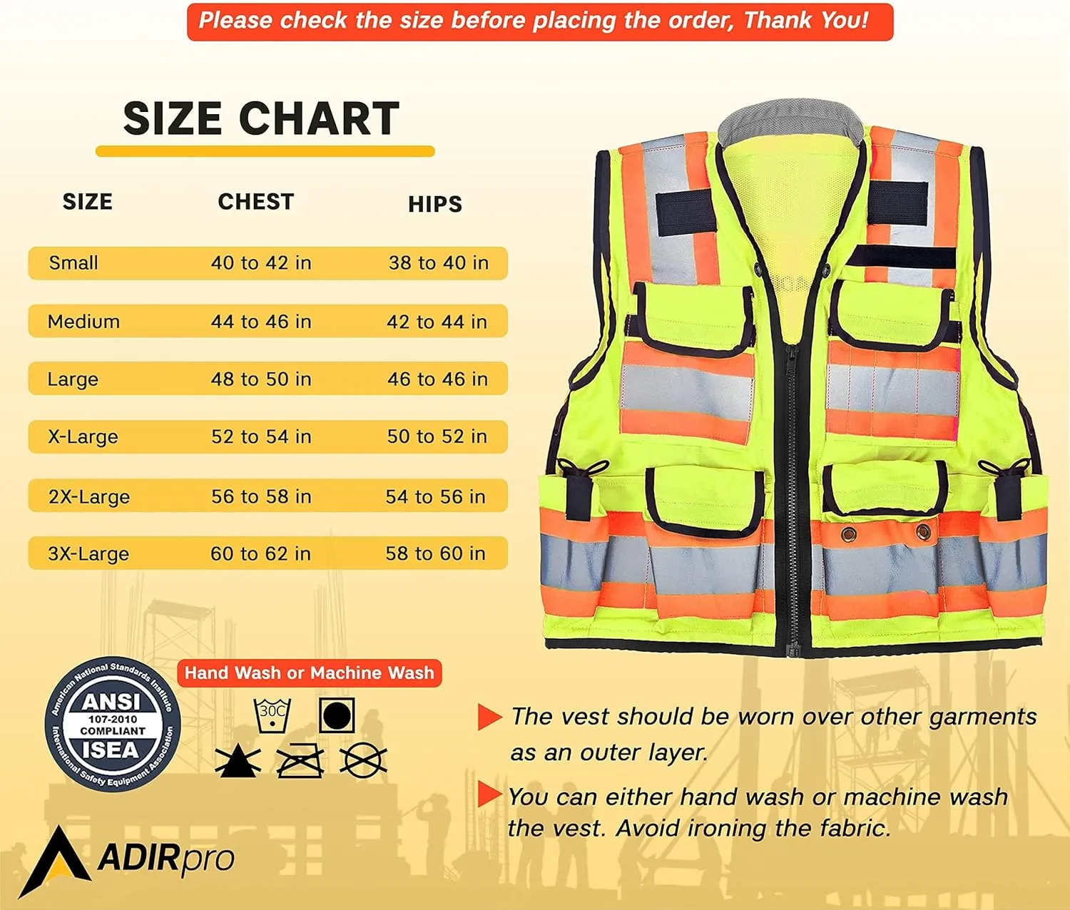 AdirPro Surveyor Safety Vest with Pockets - High visibility Reflective Construction Vest