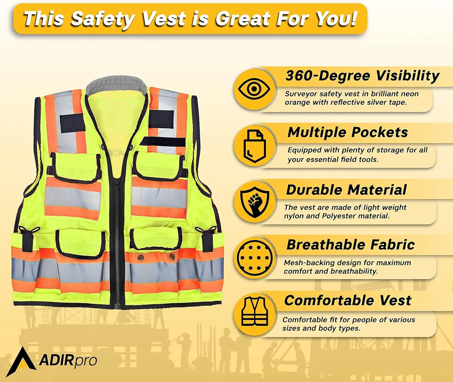 AdirPro Surveyor Safety Vest with Pockets - High visibility Reflective Construction Vest