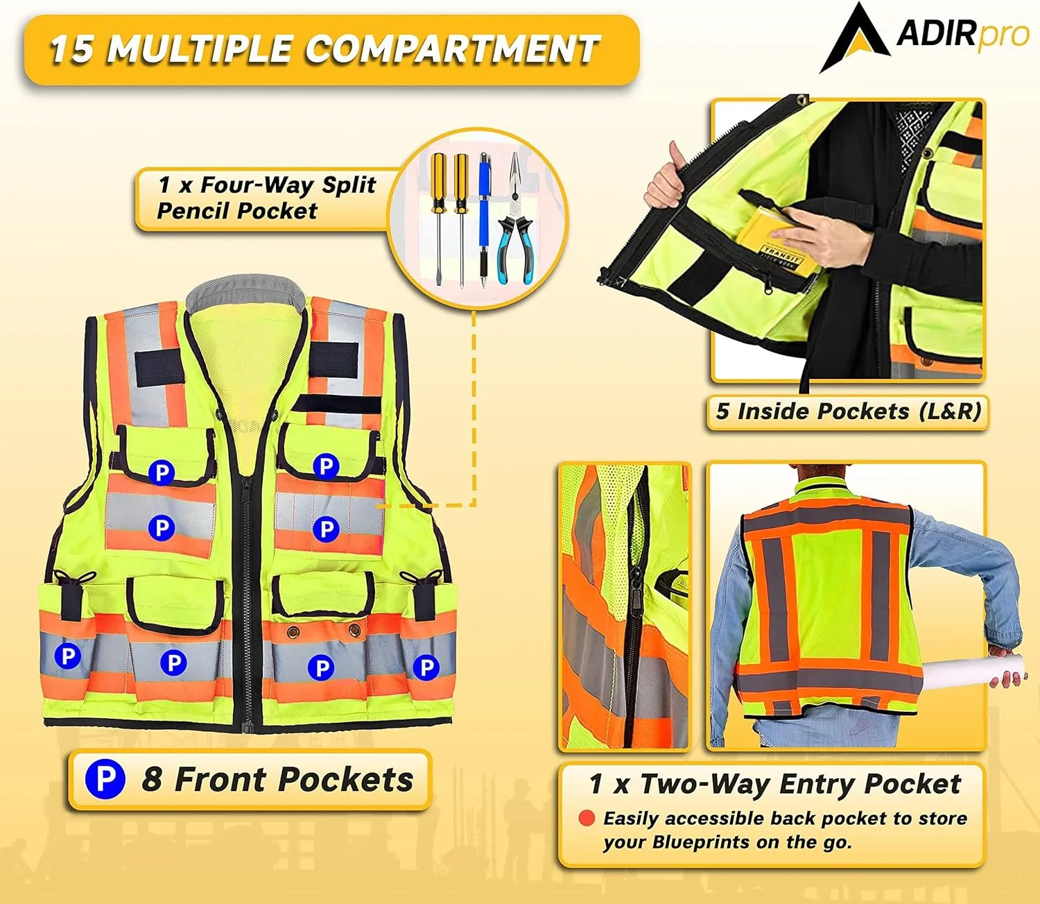 AdirPro Surveyor Safety Vest with Pockets - High visibility Reflective Construction Vest