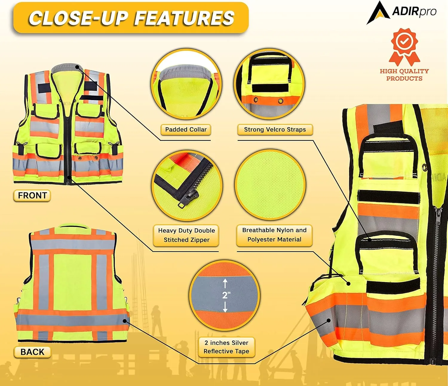 AdirPro Surveyor Safety Vest with Pockets - High visibility Reflective Construction Vest