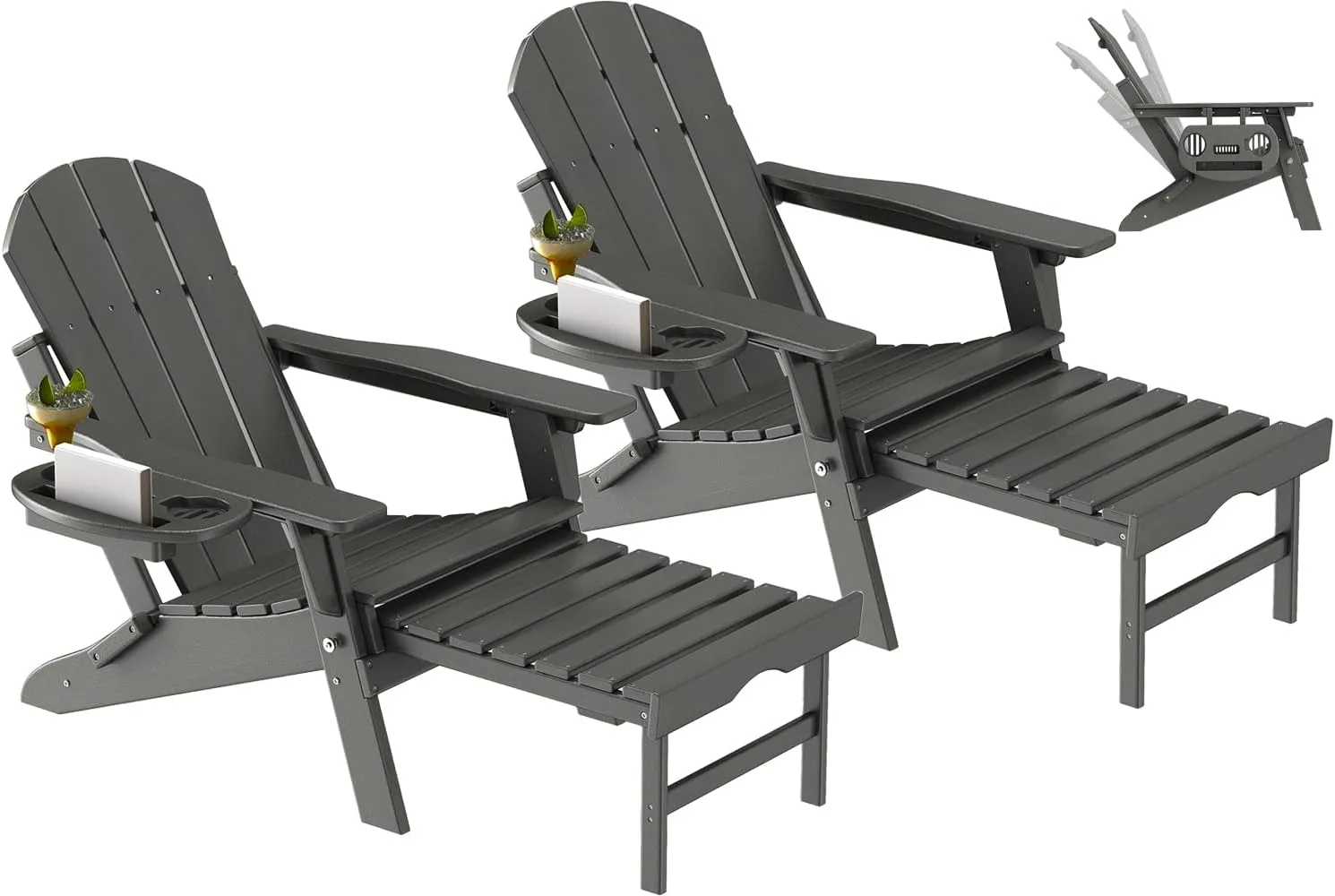 Adjustable Adirondack Chair with Retractable Ottoman Set of 2, HDPE Folding Adirondack Chair with Cup Holder, All Weather Fire Pit Chair for Outdoor.