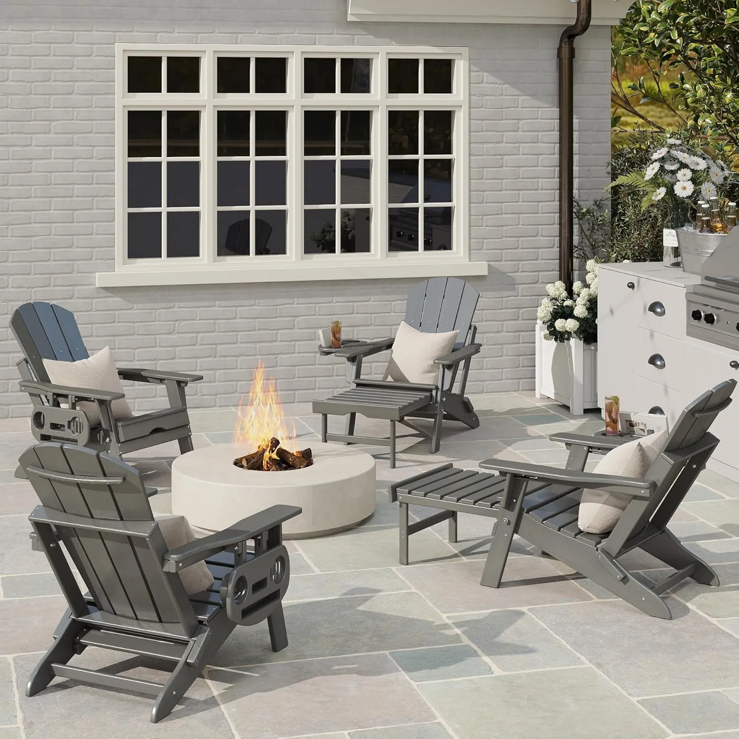 Adjustable Adirondack Chair with Retractable Ottoman Set of 2, HDPE Folding Adirondack Chair with Cup Holder, All Weather Fire Pit Chair for Outdoor.