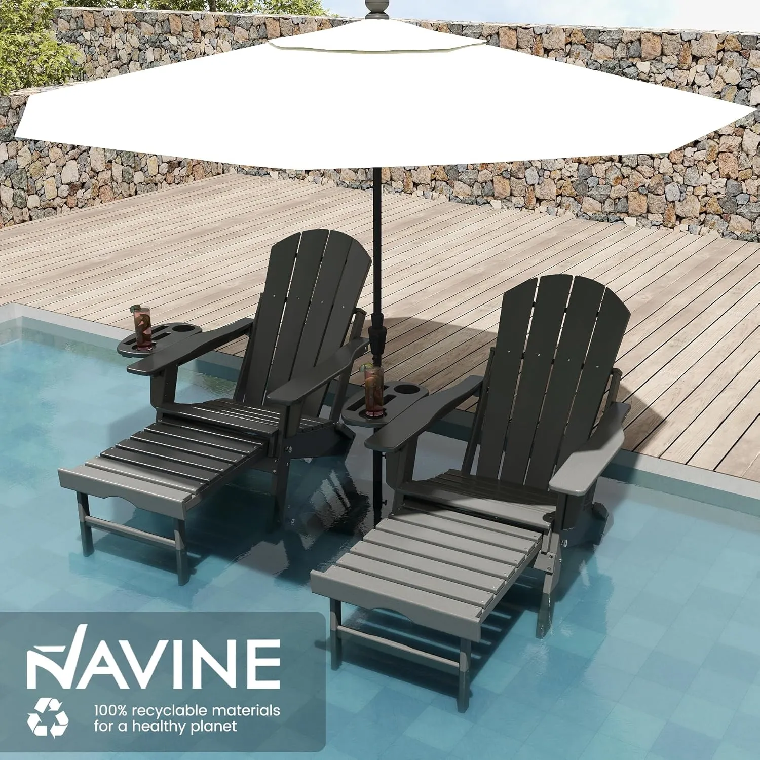 Adjustable Adirondack Chair with Retractable Ottoman Set of 2, HDPE Folding Adirondack Chair with Cup Holder, All Weather Fire Pit Chair for Outdoor.
