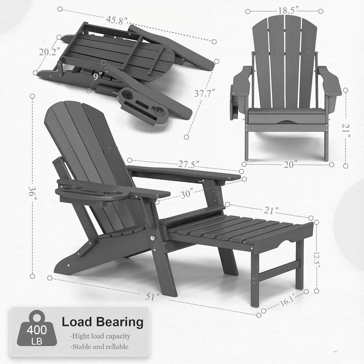 Adjustable Adirondack Chair with Retractable Ottoman Set of 2, HDPE Folding Adirondack Chair with Cup Holder, All Weather Fire Pit Chair for Outdoor.