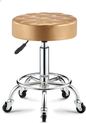 Adjustable Height Stool with 5 Wheels/13 Inch Thick Sponge, Chrome Steel PU Leather Bar Stool Work Shop Stool,Hydraulic Rolling Swivel Salon Stool,Massage Spa Tattoo Pink,Gold (Gold)