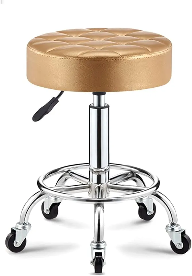 Adjustable Height Stool with 5 Wheels/13 Inch Thick Sponge, Chrome Steel PU Leather Bar Stool Work Shop Stool,Hydraulic Rolling Swivel Salon Stool,Massage Spa Tattoo Pink,Gold (Gold)