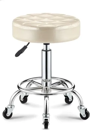Adjustable Height Stool with 5 Wheels/13 Inch Thick Sponge, Chrome Steel PU Leather Bar Stool Work Shop Stool,Hydraulic Rolling Swivel Salon Stool,Massage Spa Tattoo Pink,Gold (White)