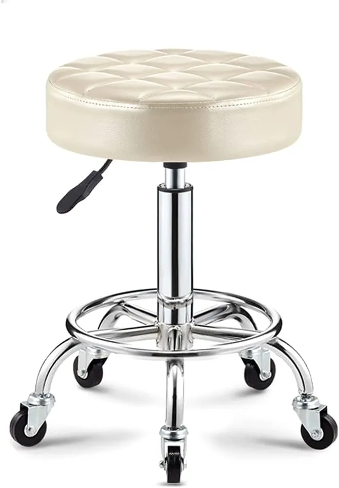 Adjustable Height Stool with 5 Wheels/13 Inch Thick Sponge, Chrome Steel PU Leather Bar Stool Work Shop Stool,Hydraulic Rolling Swivel Salon Stool,Massage Spa Tattoo Pink,Gold (White)