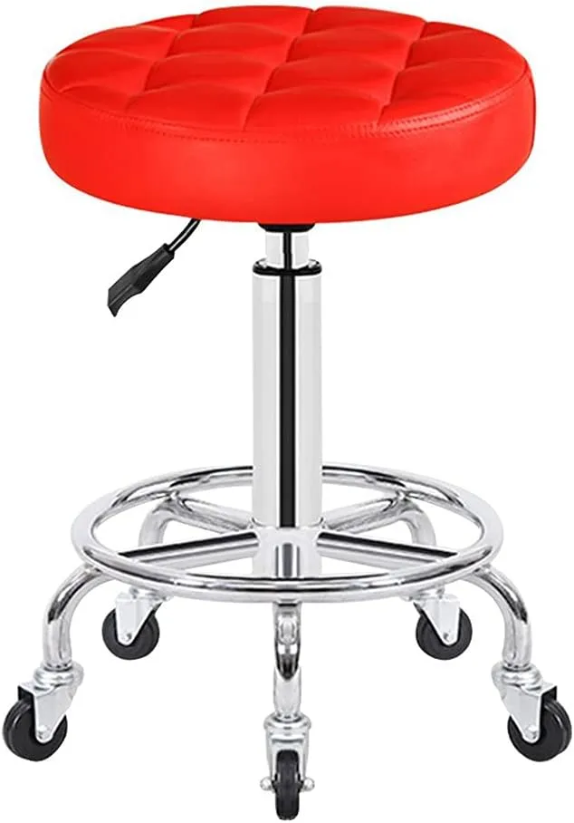 Adjustable Height Stool with 5 Wheels/Thick Sponge,Modern Chrome Steel PU Leather Bar Stool Work Shop Stool,Hydraulic Rolling Swivel Salon Stool,Massage Spa Tattoo C red,Green (Red)