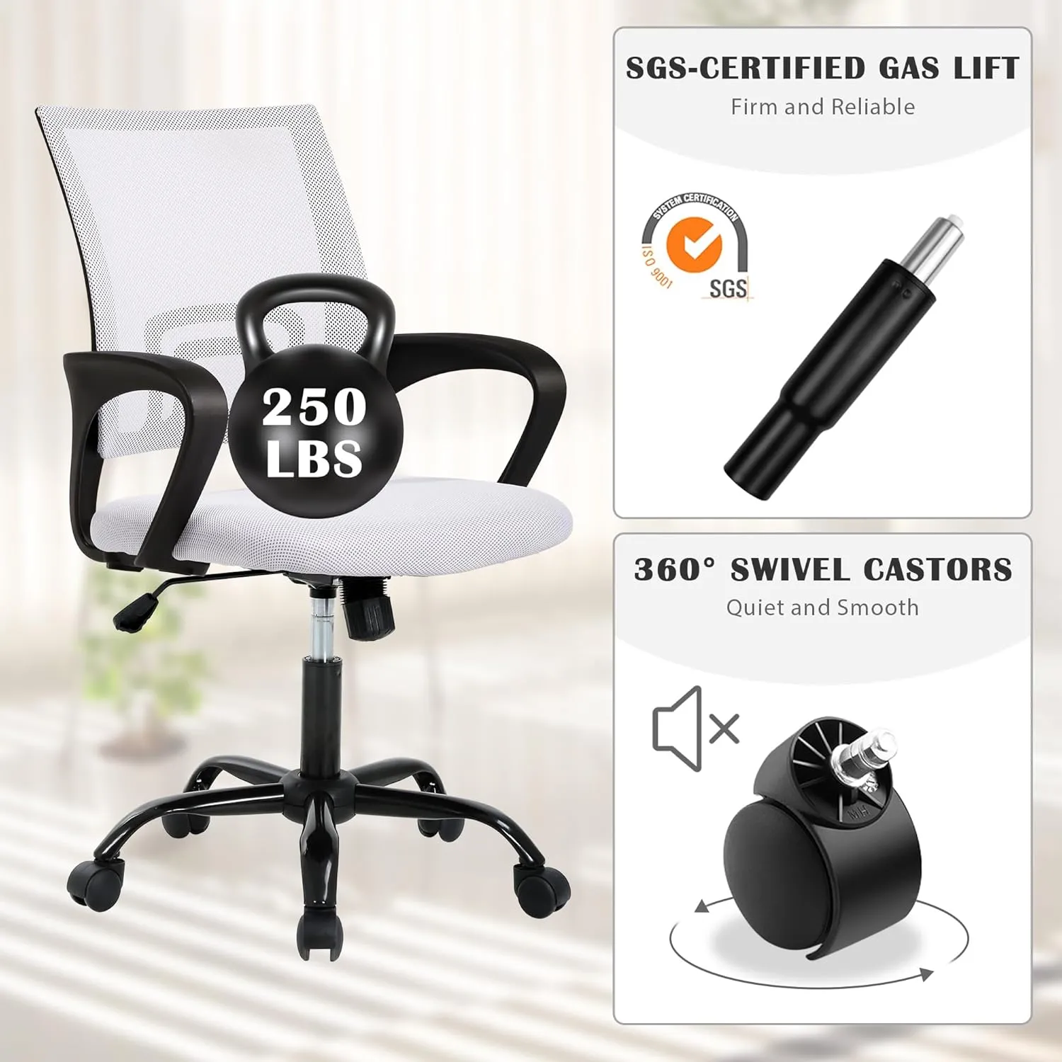 Adjustable Lumbar Support Computer Chair - Breathable Mesh Backrest, Home & Office Use, White