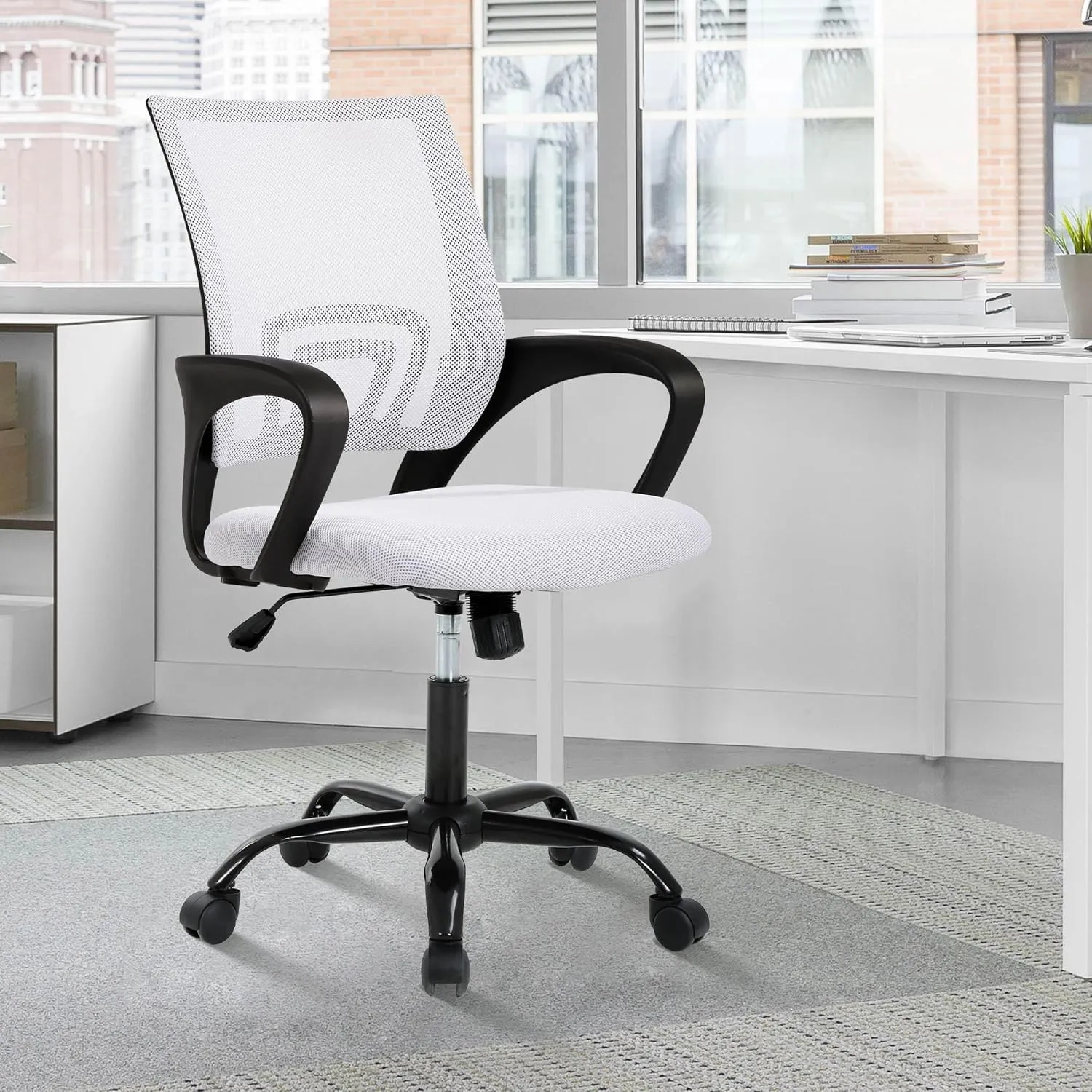 Adjustable Lumbar Support Computer Chair - Breathable Mesh Backrest, Home & Office Use, White