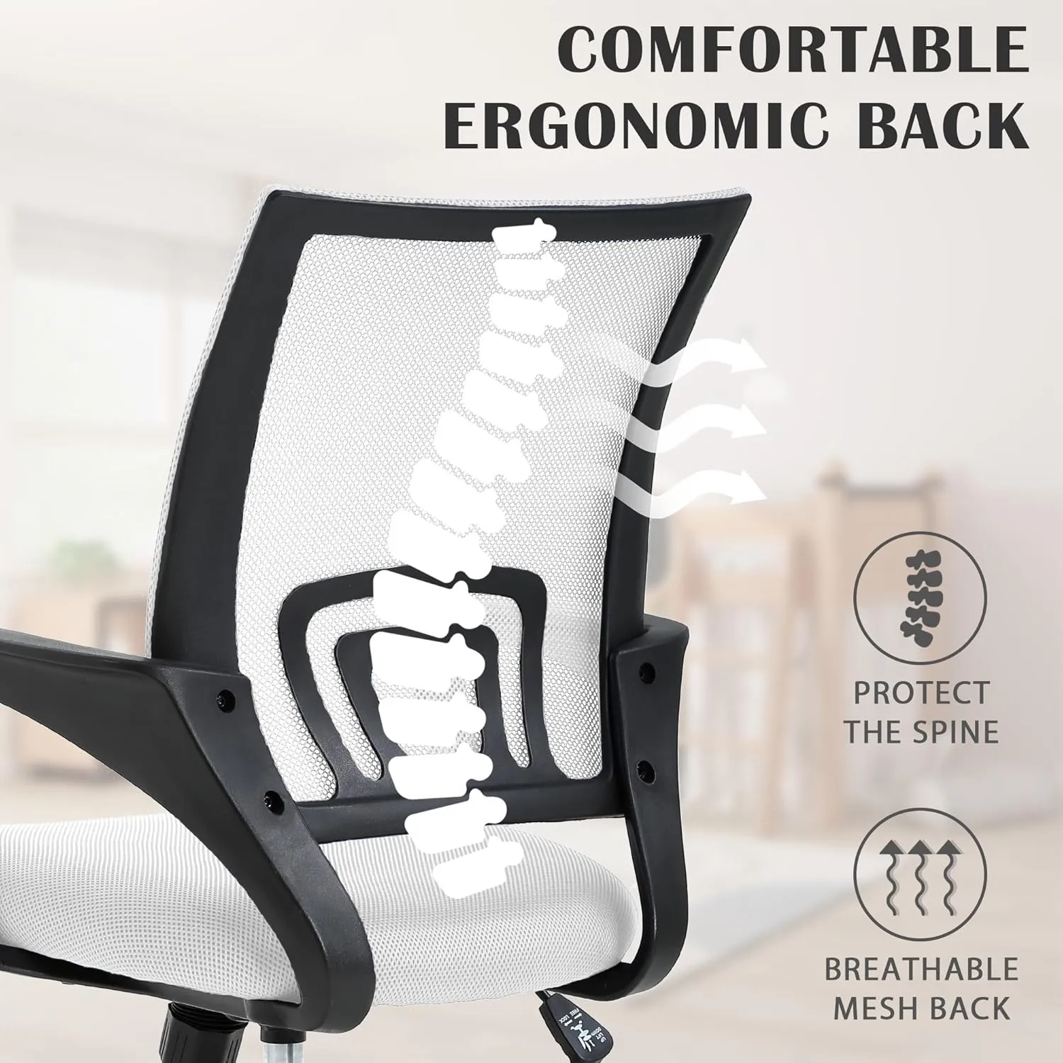 Adjustable Lumbar Support Computer Chair - Breathable Mesh Backrest, Home & Office Use, White